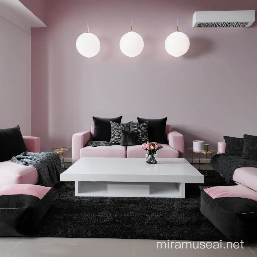 Create a Modern styled drawing room with rose pink theme and modern style