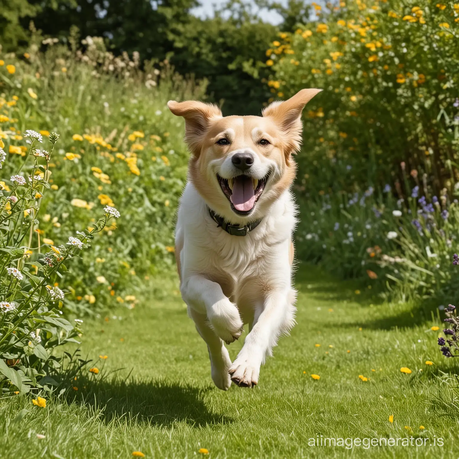happy dog running around garden