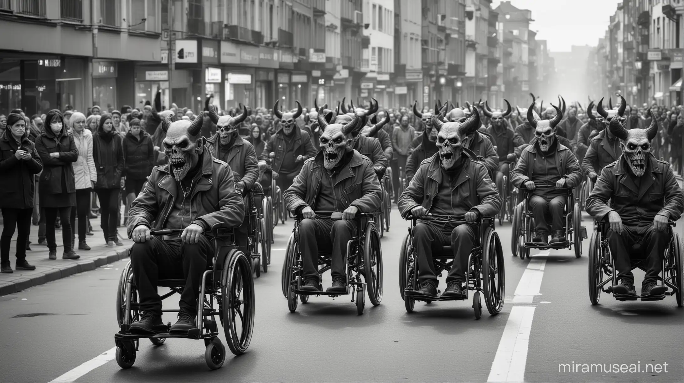 Wheelchair Army on Urban Street with Onlooking DemonHeaded Figures in Monochrome