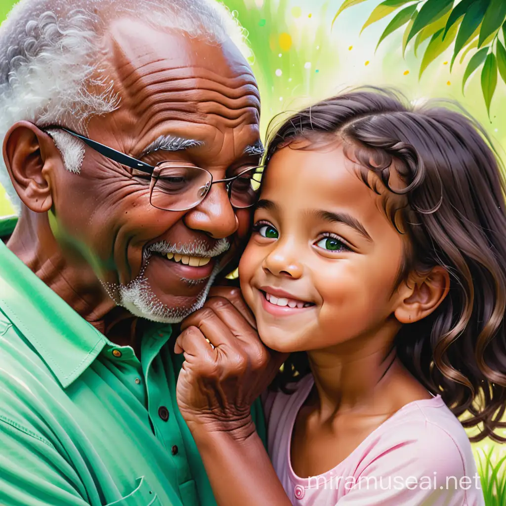 wispy magical painting of grandparents covering their 12 year old brown african american grandaughter's eyes to reveal her birthday surprise. The background is green grass.