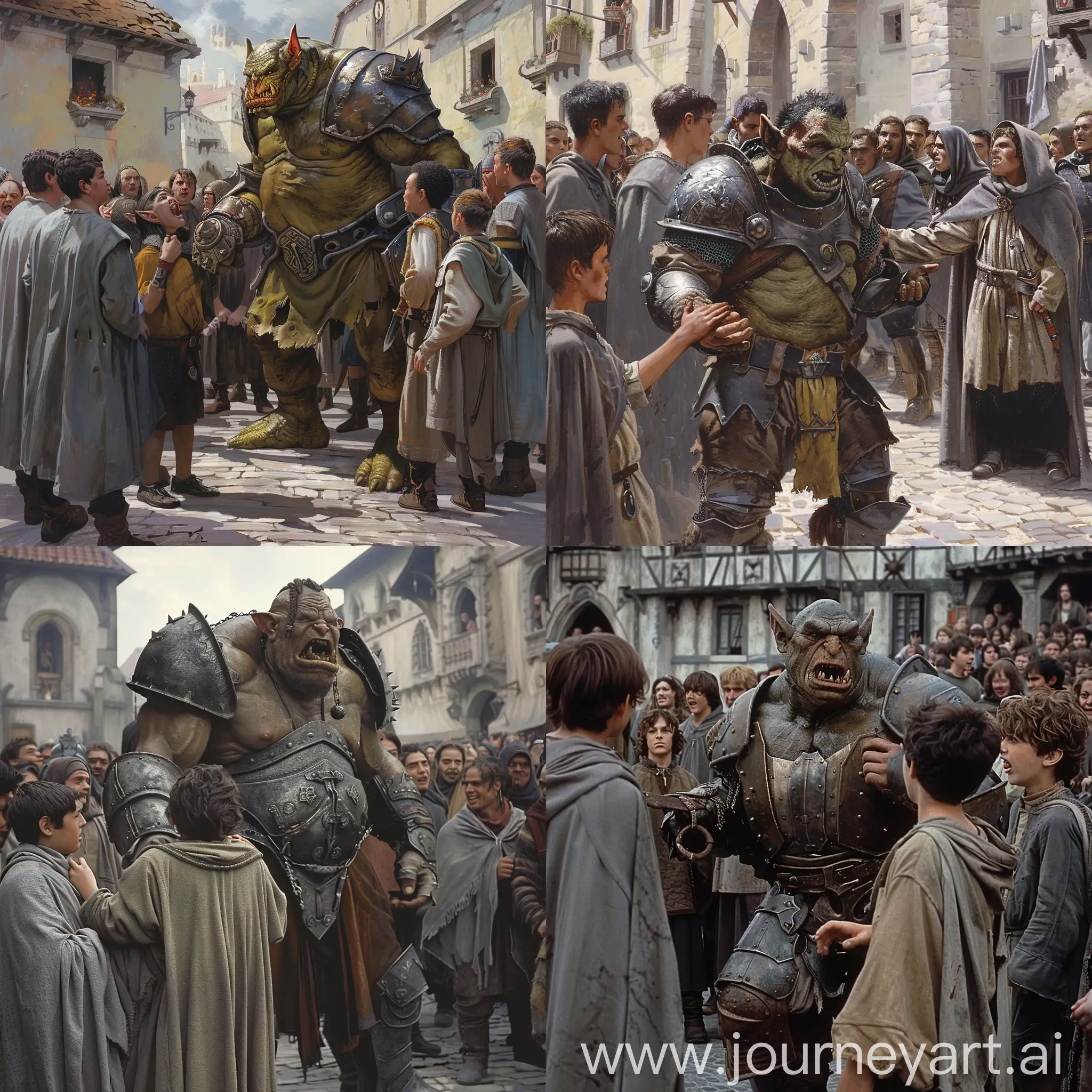 Medieval-Square-Confrontation-Orc-in-Iron-Armor-Rebukes-Defiant-Youth