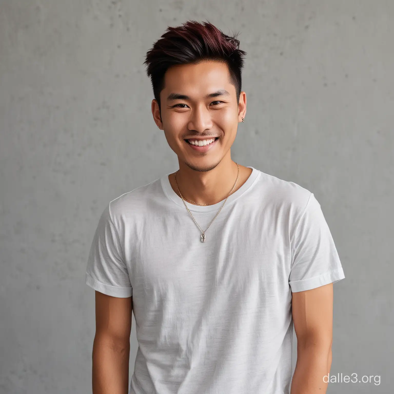 six 30 year old handsome Asian men smiling slyly with natural skin standing relaxed, very short hair, their hair is dyed dark red, they wear white t-shirts and black and white checkered casual shirts, black boots, stanlis necklaces, background gray.