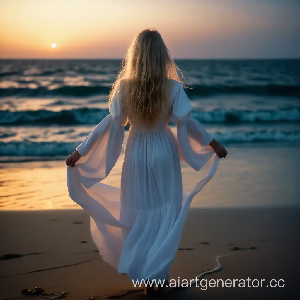 Девочка 14 лет блондинка с распущенными волосами средней длины , повёрнутая спиной стоит на берегу красивого ночного океана, в длинном белом платье с пышным рукавом