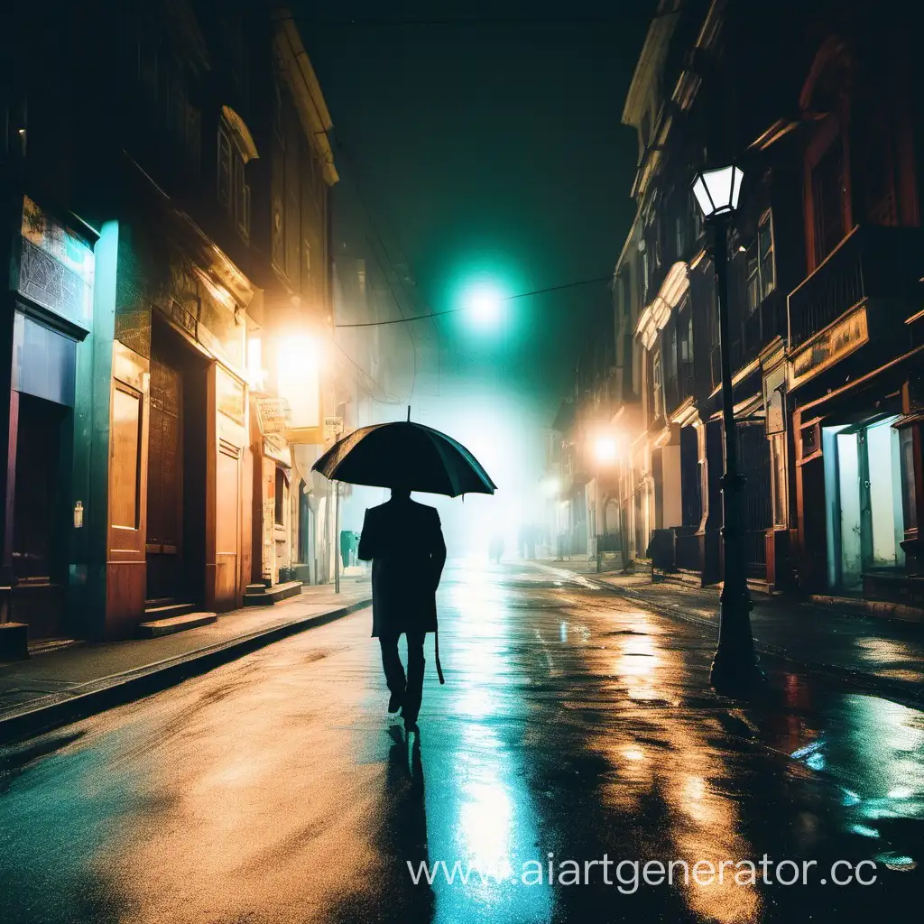 Мужчина идет по ярко освещенной ночной улице под зонтом
