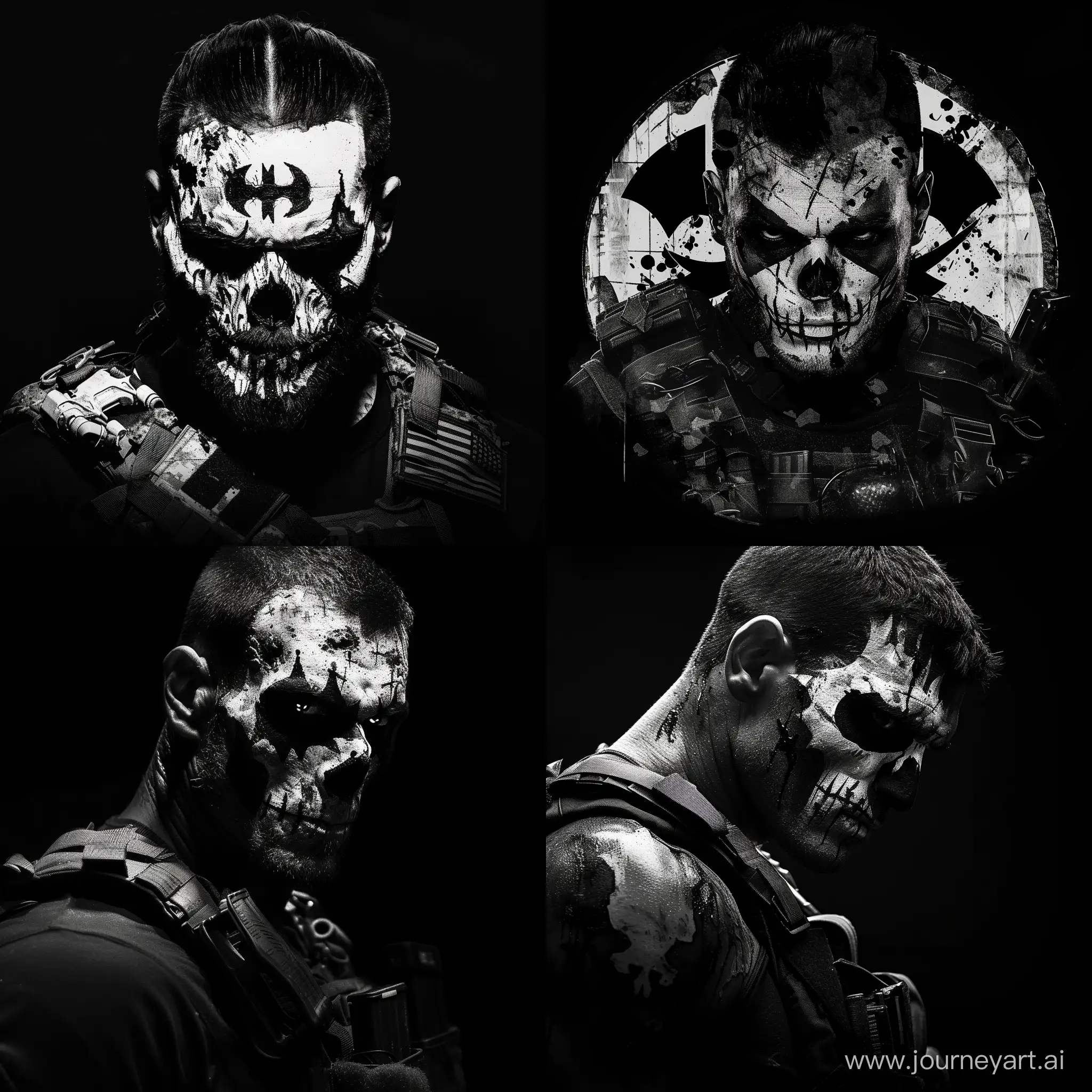 logo, man, crudely painted skull of punisher war paint, military equipment, black and white, black background