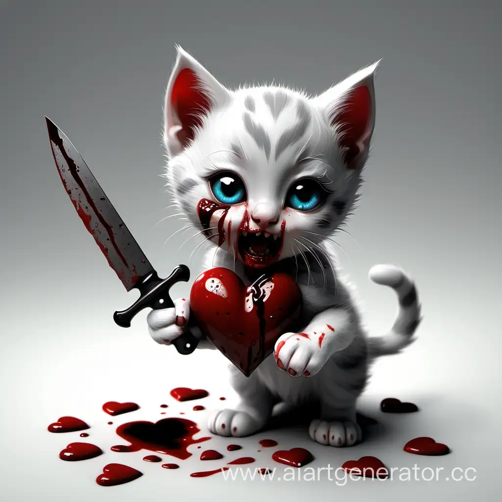 маленький котёнок держит в лапах окровавленный нож и сердце
