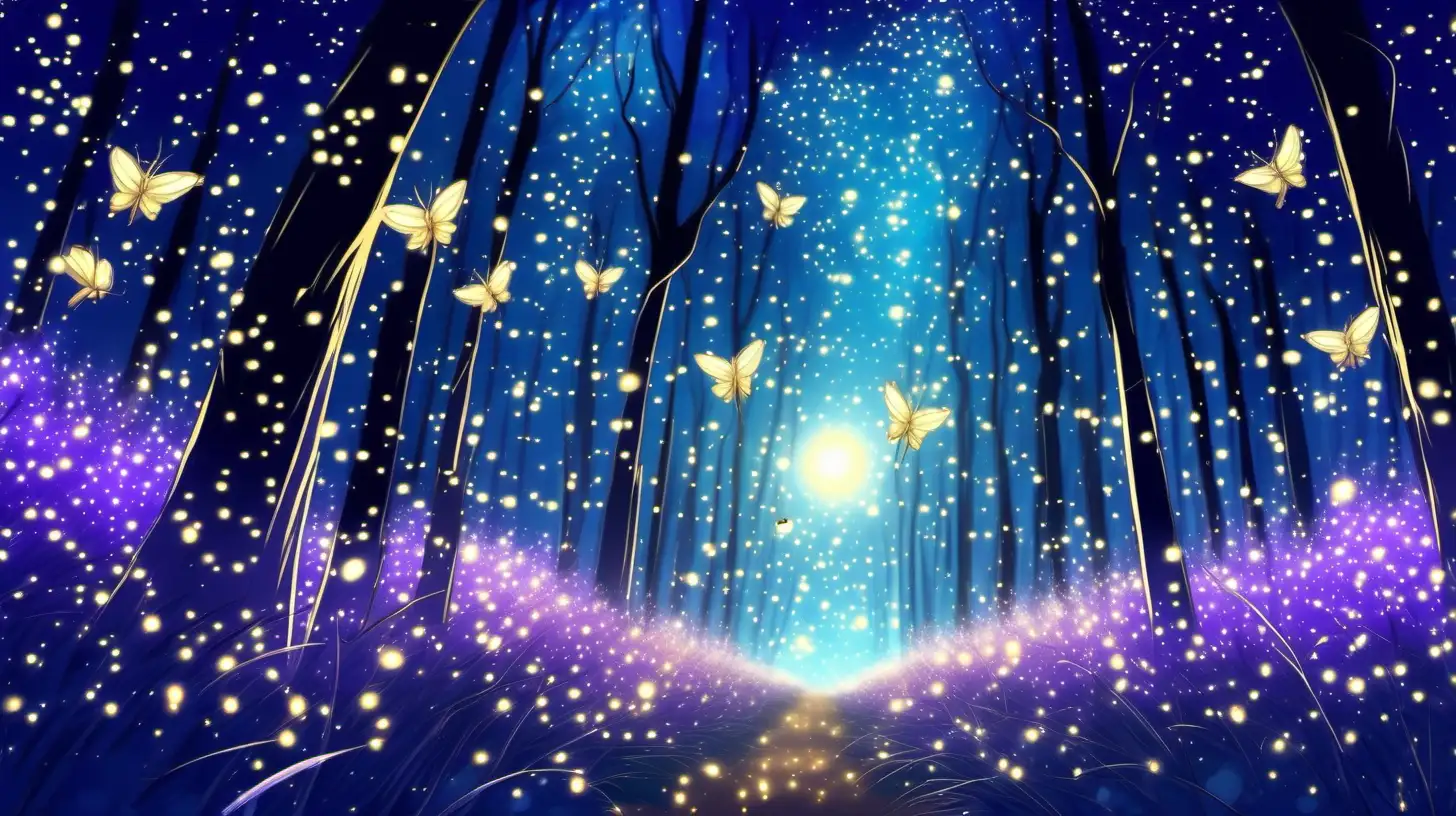 in anime style, a mystical forest realm with gold Fireflies, resembling tiny stars, flying through the air in graceful patterns, bright beautiful colors of light in a night sky that is colors of blue and lavender