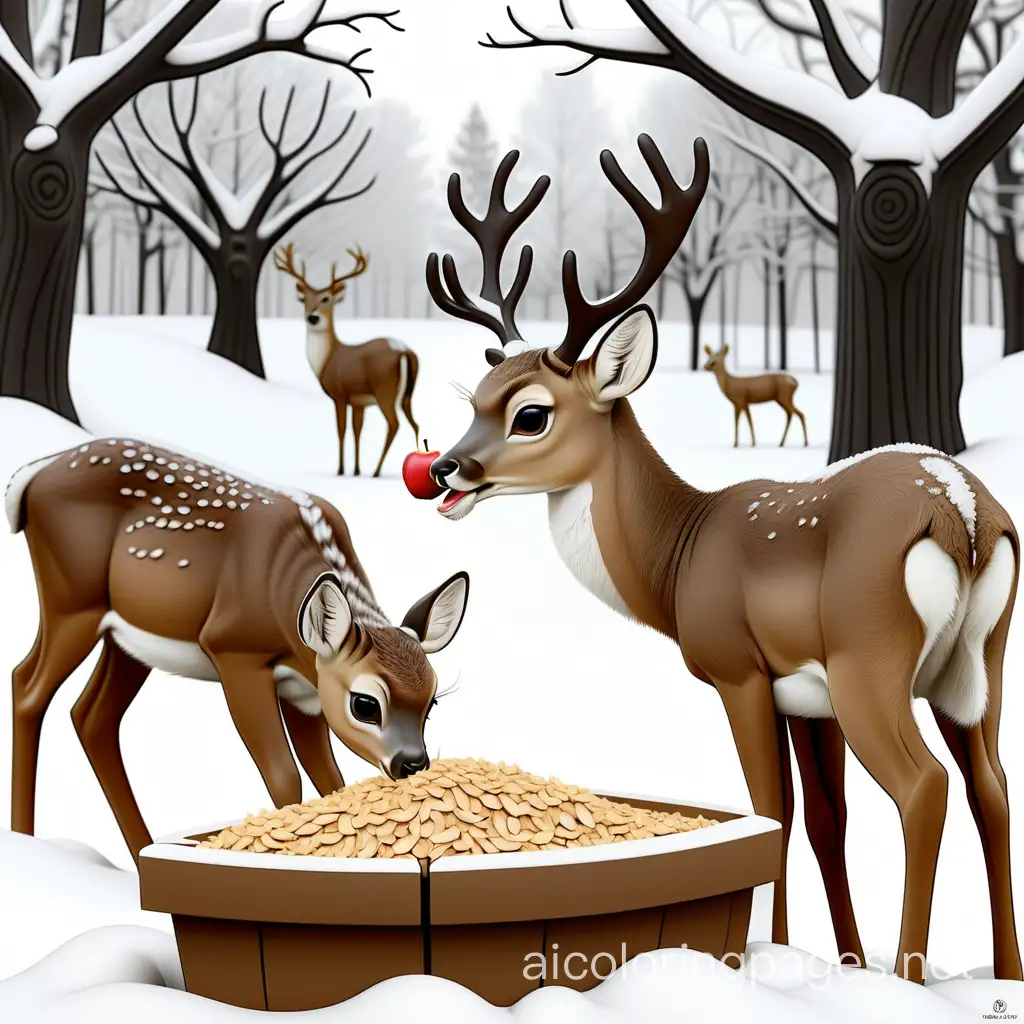 maine deer eating oats and apples and acorns from a feeding trough in christmas snow , Coloring Page, black and white, line art, white background, Simplicity, Ample White Space. The background of the coloring page is plain white to make it easy for young children to color within the lines. The outlines of all the subjects are easy to distinguish, making it simple for kids to color without too much difficulty, Coloring Page, black and white, line art, white background, Simplicity, Ample White Space. The background of the coloring page is plain white to make it easy for young children to color within the lines. The outlines of all the subjects are easy to distinguish, making it simple for kids to color without too much difficulty