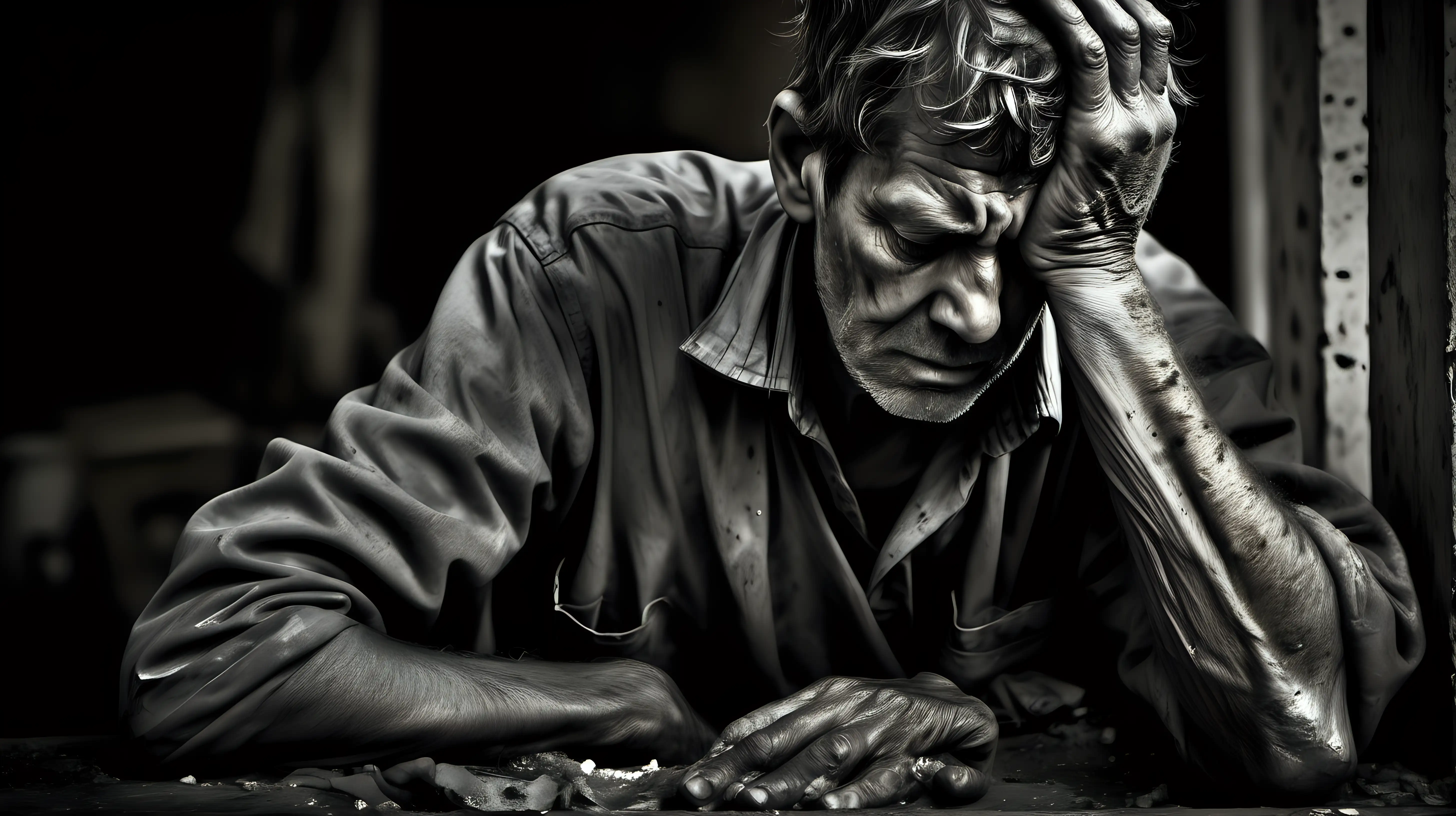 Showcase the intensity of a person laboring in a challenging environment, their worn-out expression and weary posture reflecting the physical and mental toll of their efforts.
