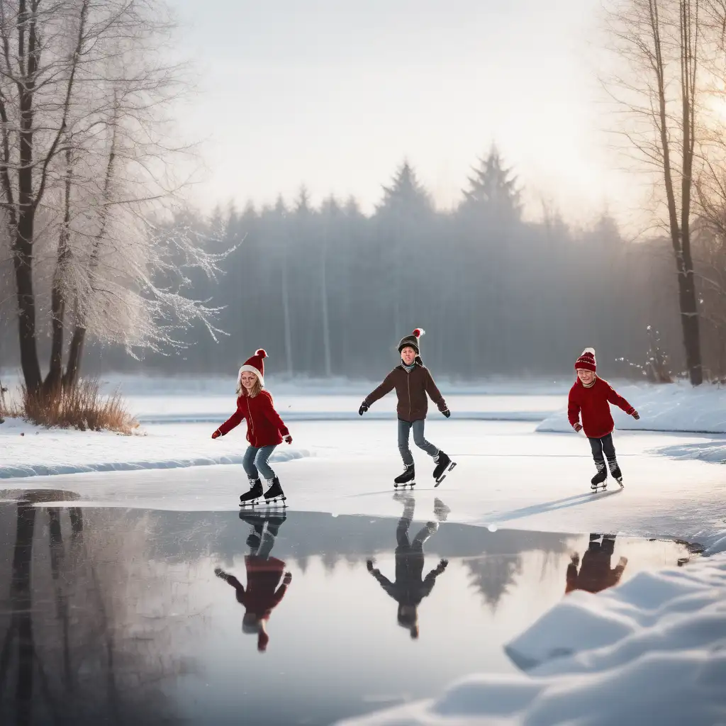 korčulujúce deti na prírodnom rybníku, zasneženia krajina, vianočná amosféra, raw style