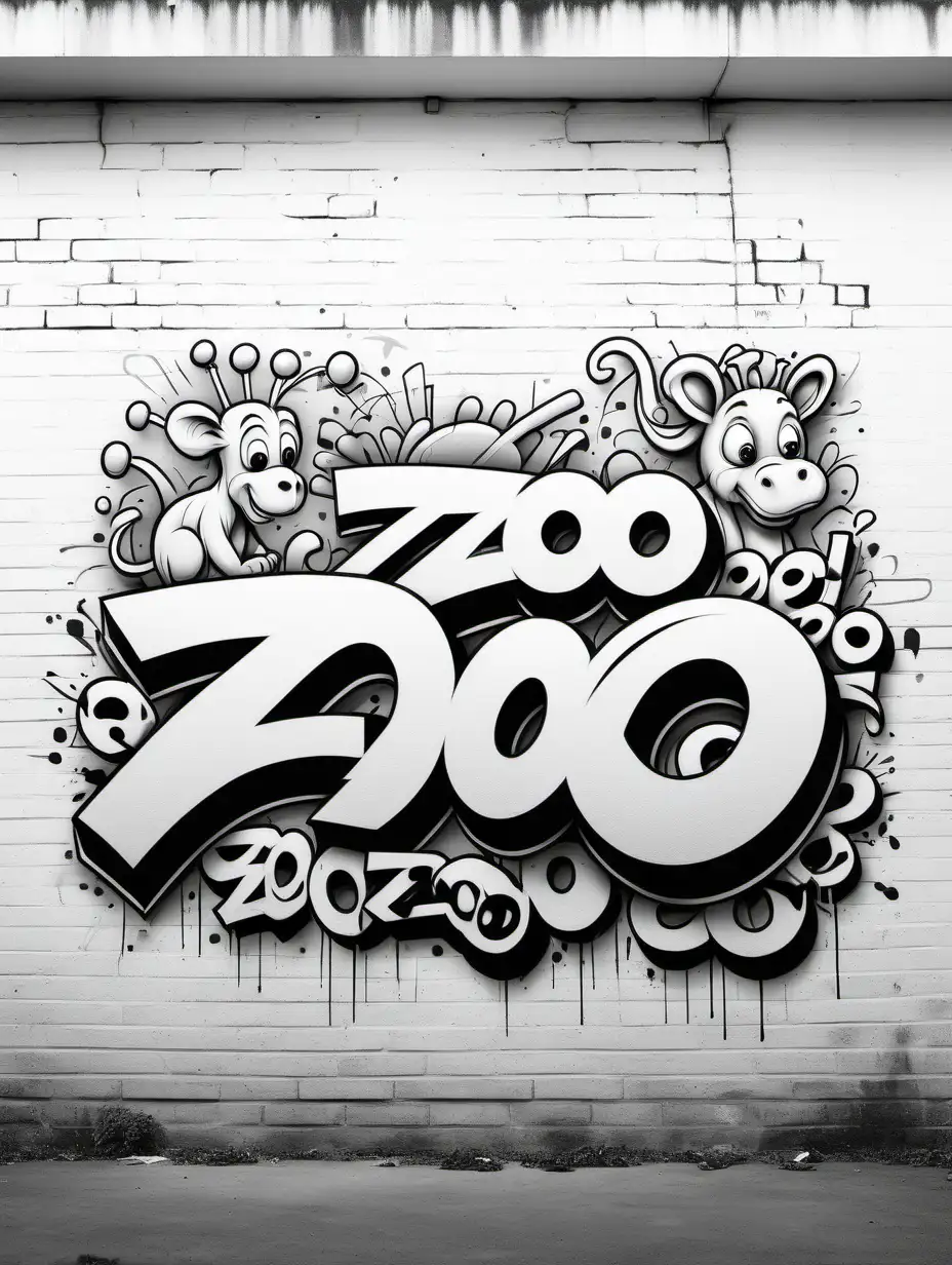 Create a graffiti colouring page, all white , black outline, no grey colour ,no colour, graffiti art, with the word zoo, on a wall, no shading, low detail, white background , colouring page, graffiti art style, cartoon art style, no grey colour