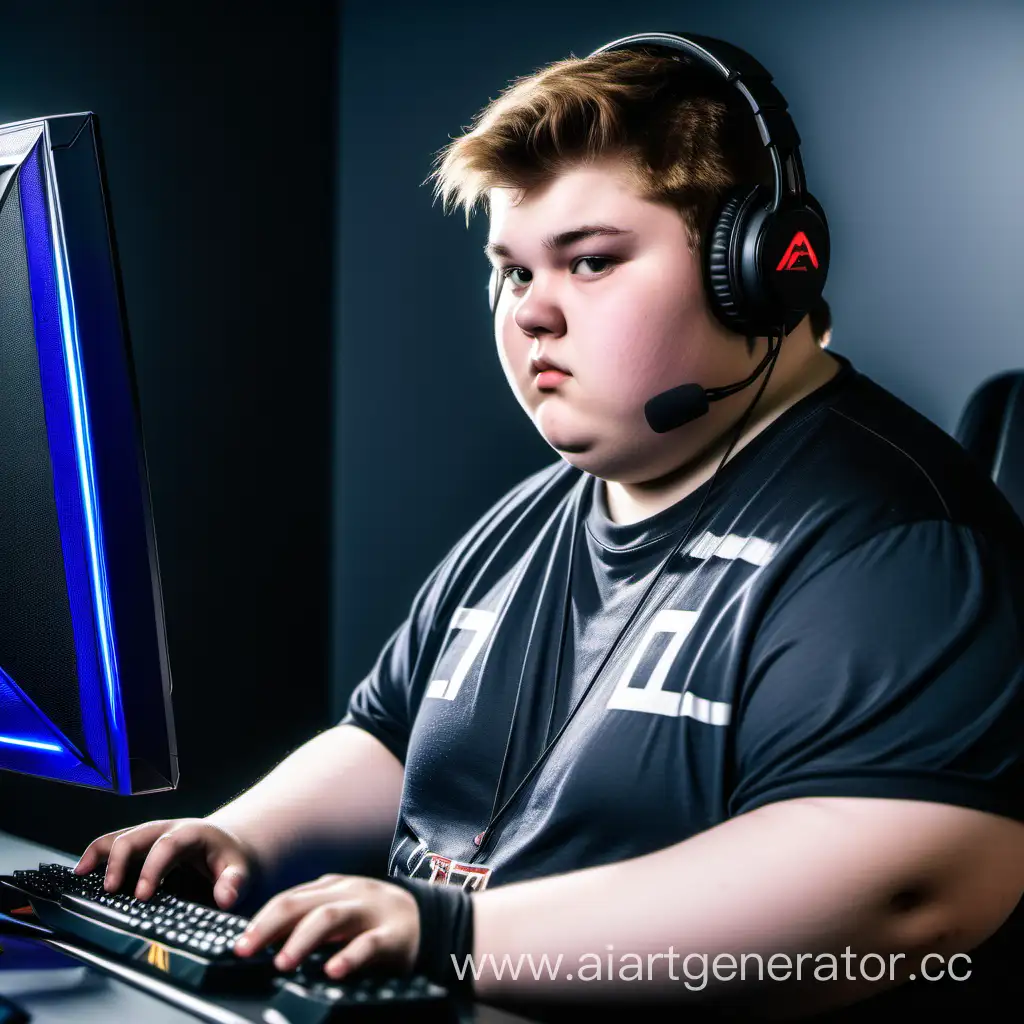 прыщавый толстый малолетний киберспортсмен на фоне компьютера