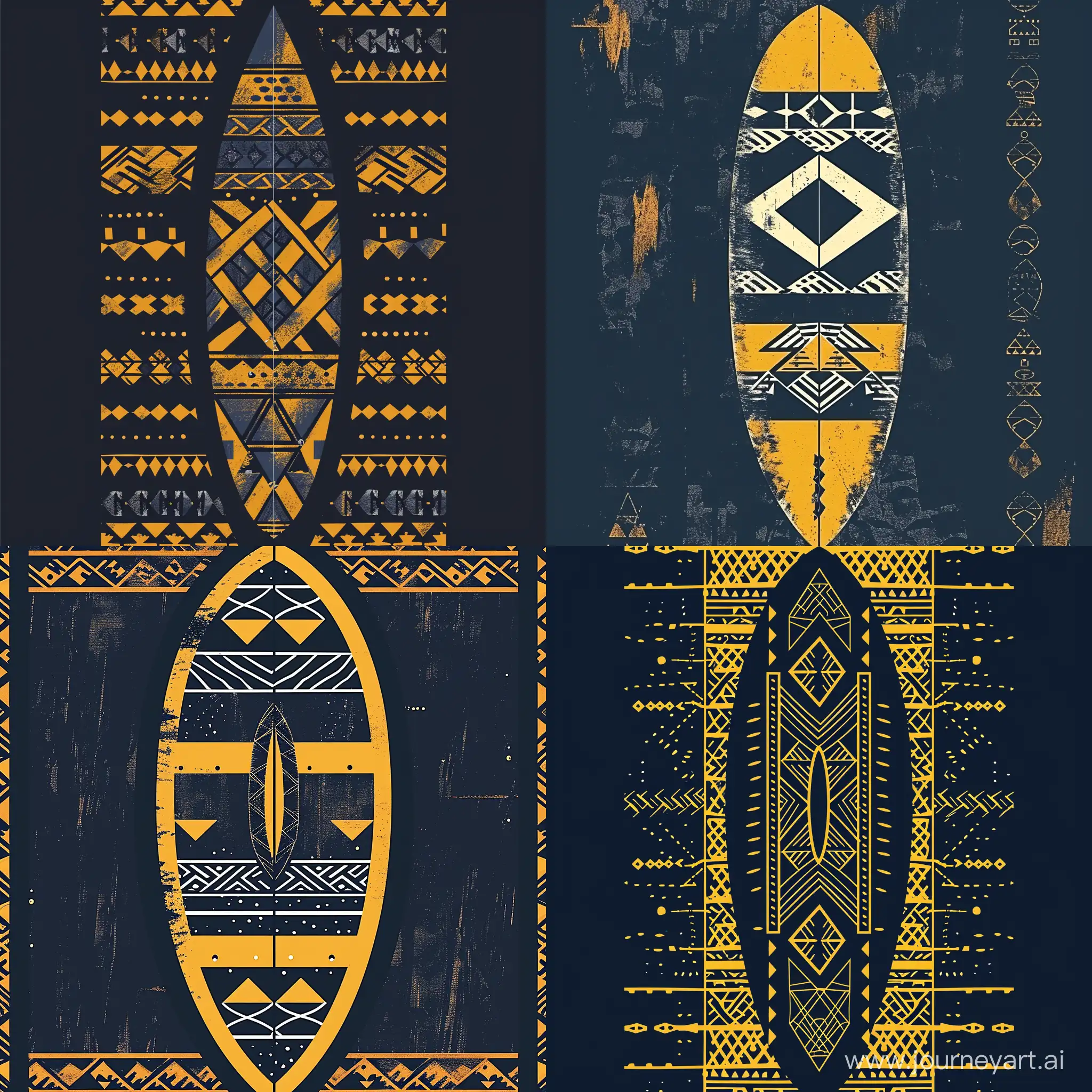rough shape of an abstract design of a surfboard with geometric elements on it, in the style of African patterns, illustration, layer stencil work, patterned background, navy and yellow