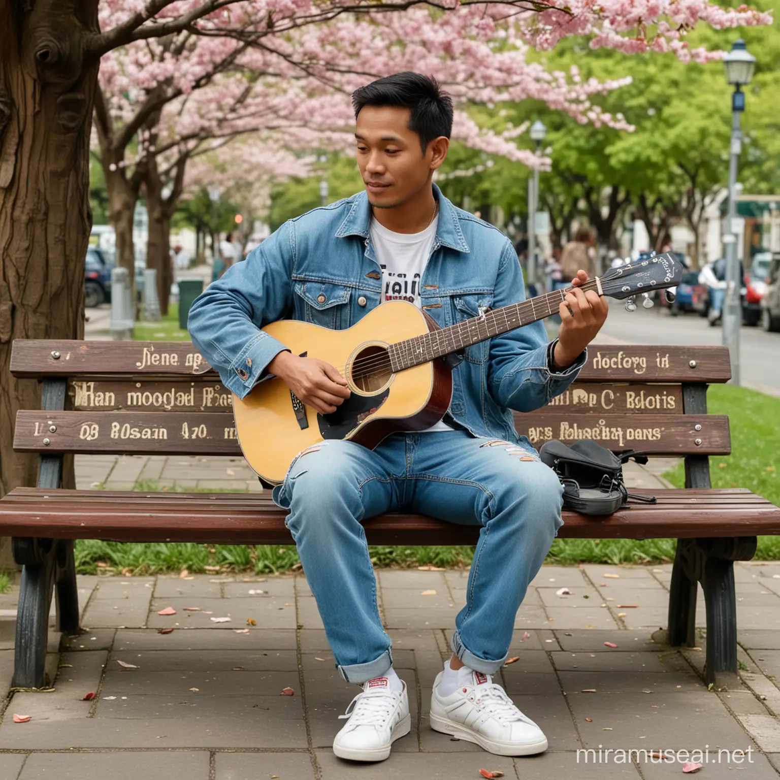 Indonesian Man Playing Guitar on Park Bench with Vespa