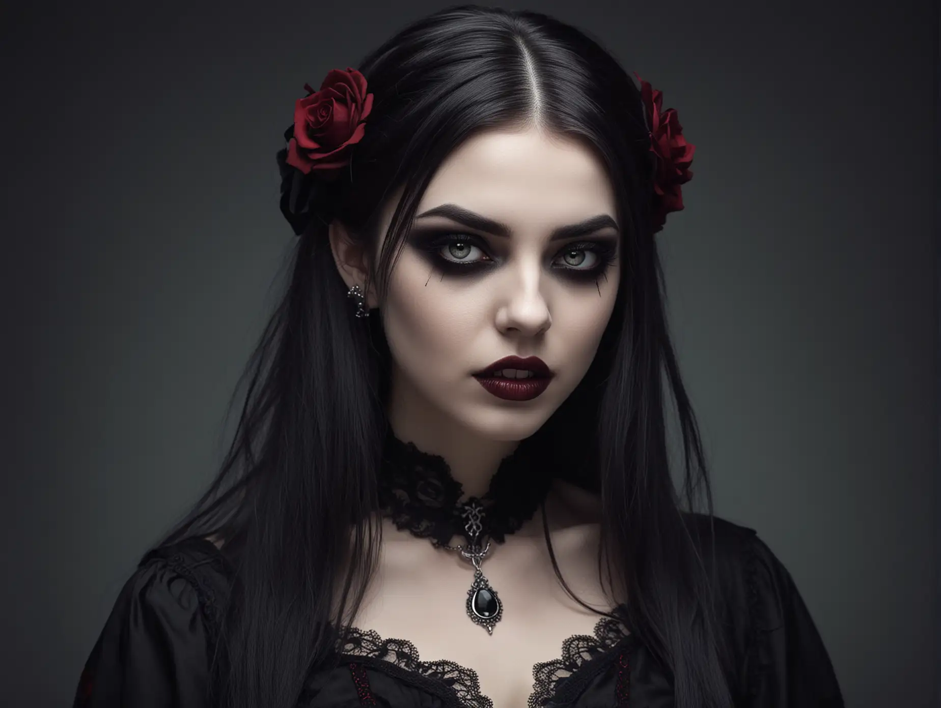 Dark Gothic Vampire Girl with Stylish Outfit and Fiery Eyes