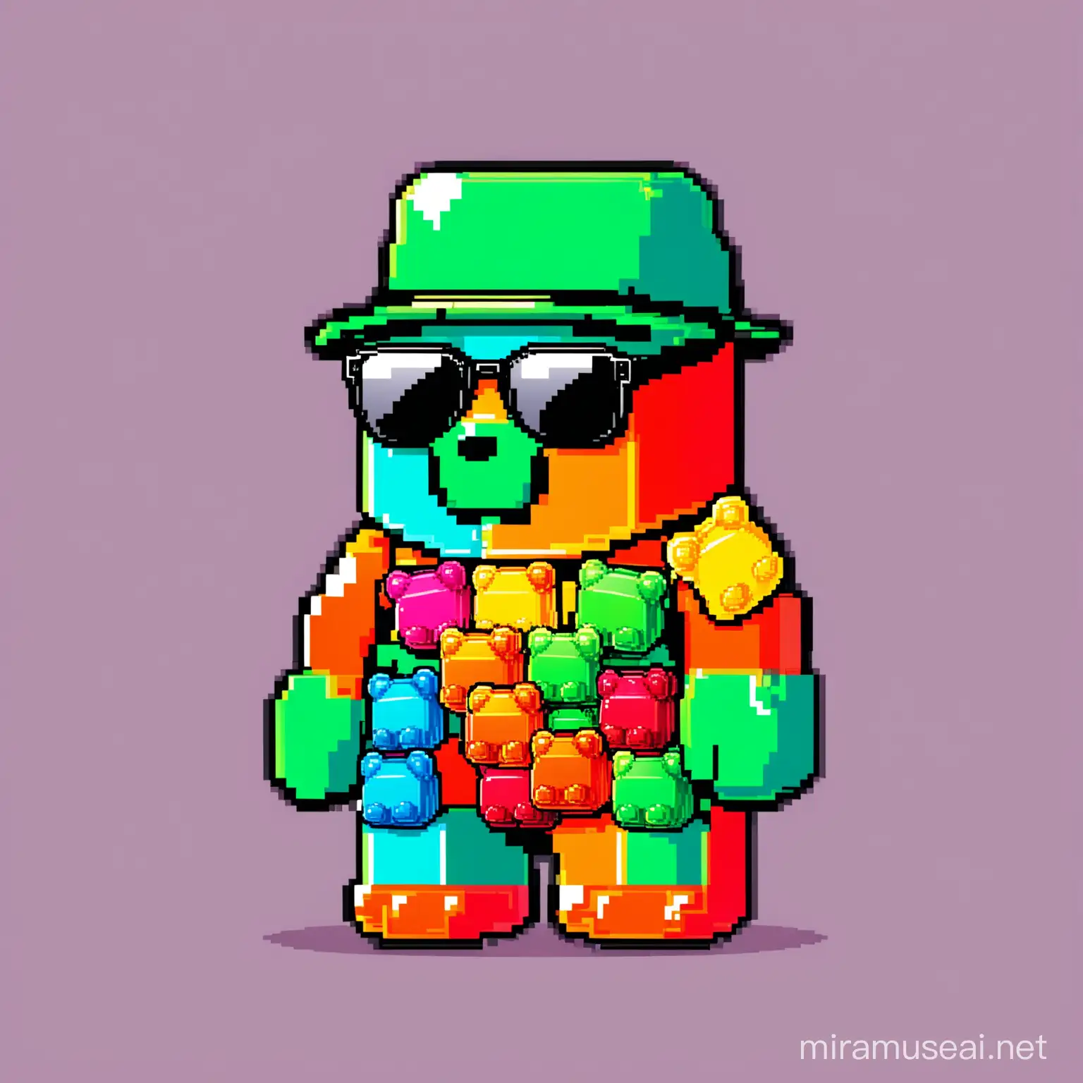 Funny and raandom colored 8 Bit solo gummy bear Mascot for Crypto Meme Token. Random accessories like cap or sunglasses or joint