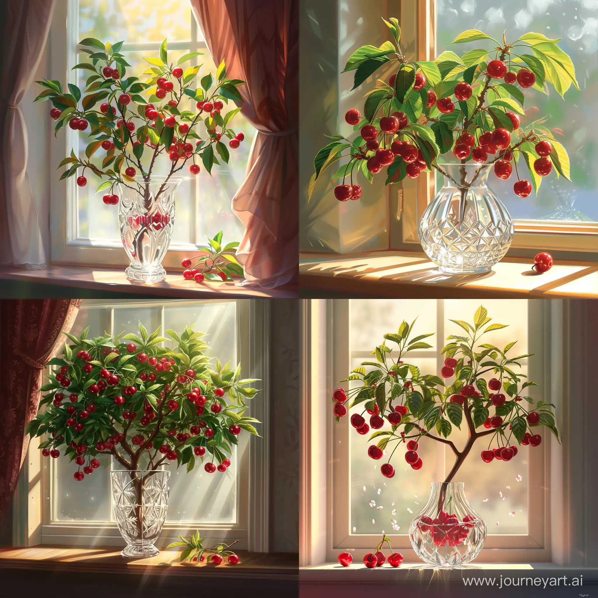 спелая вишня в хрустальной вазе на окне, солнечный свет, иллюстрация