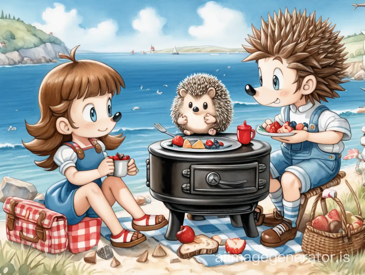 Hedgehog Boy and Girl Picnicking by the Seaside Stove | AI Image Generator