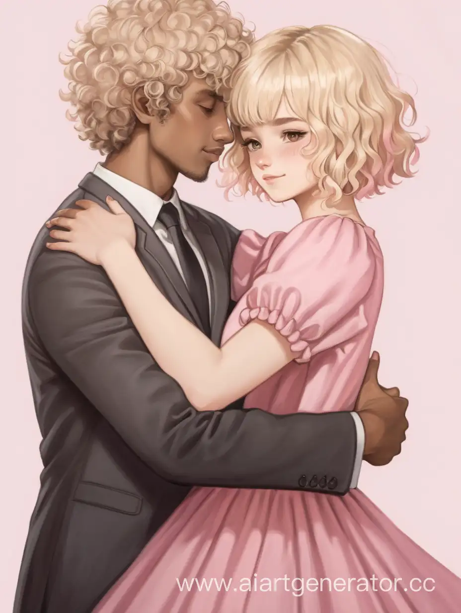 Curly-haired blonde girl with short hair, in a pink dress, hugs a dark-haired guy