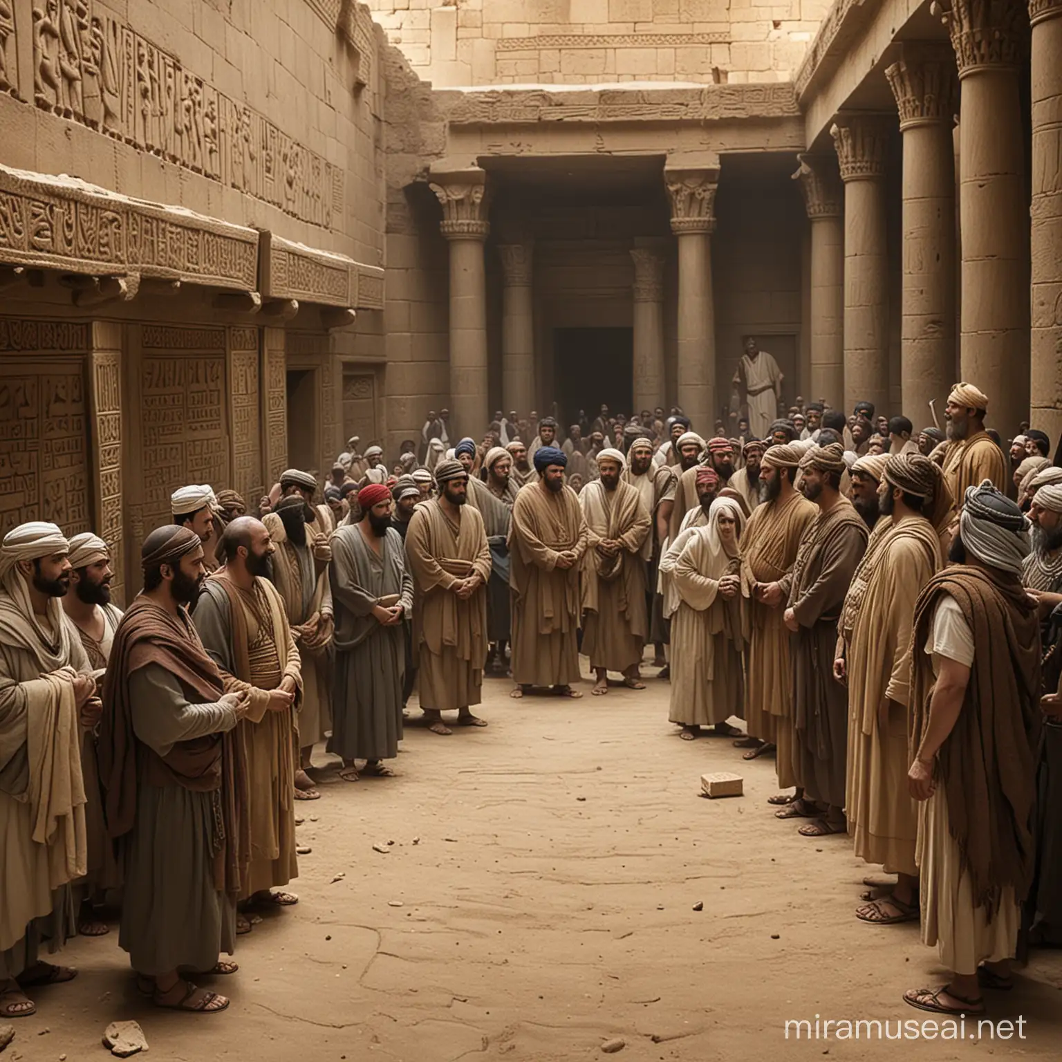 Marketplace Justice: Create a scene set in a bustling Babylonian marketplace where a dispute arises between a merchant and a customer. Show Hammurabi's code being invoked as a wise elder or judge listens to both sides, with bystanders watching anxiously.