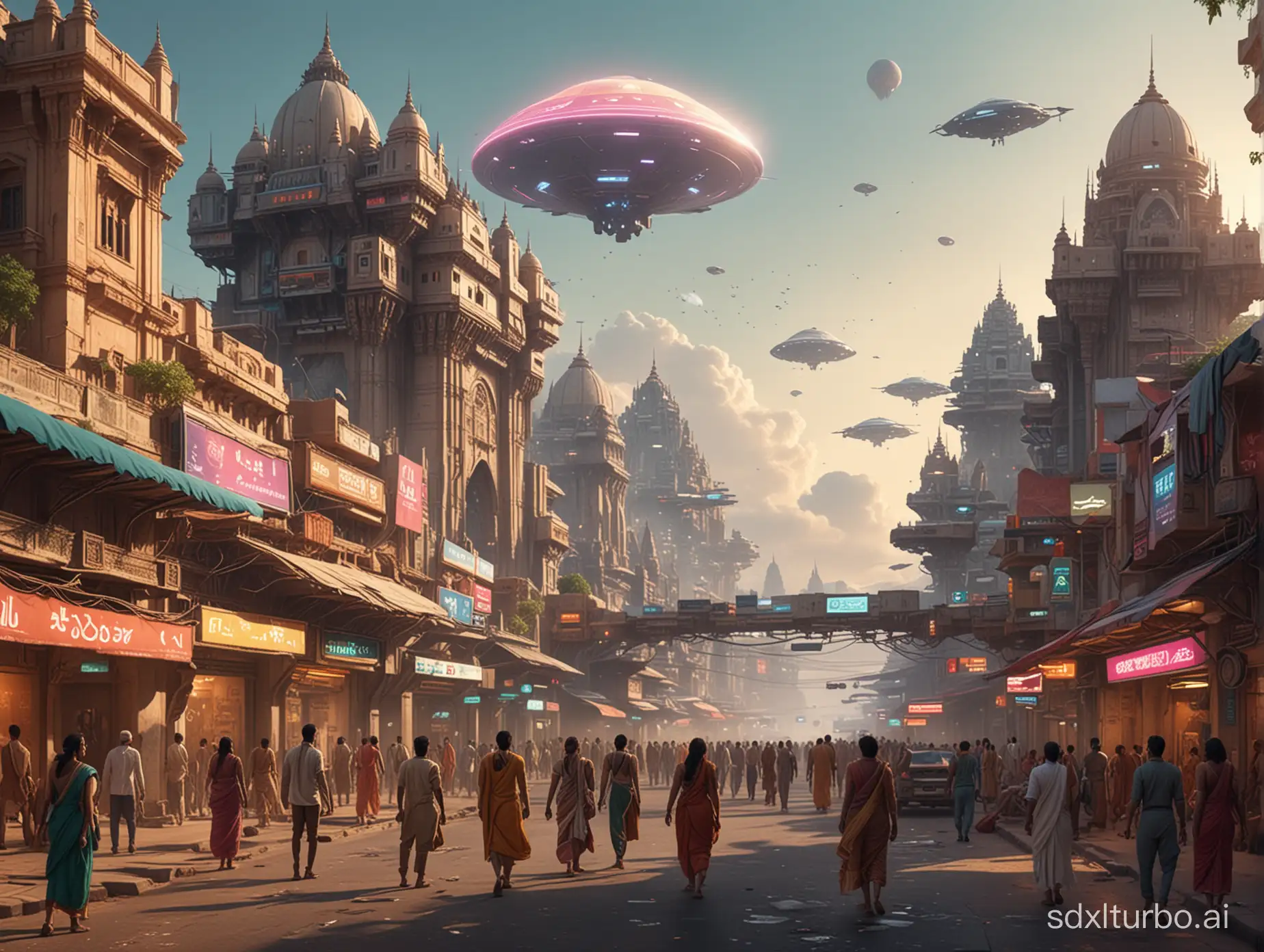 Shot of a futuristic sci-fi utopian city with ancient Indian architecture in the evening with Robots,AI,holographic billboards,futuristic skyways,security drones,A huge UFO flies in the sky,in the background lies a huge castle hovering few feet above the ground,middleground filled with civilians wearing ancient Indian dhoti Kurta and saree walking,sci-fi vehicles around them,houses and shops on the populated streets.Cinematic,4K,Big Budget Indian sci-fi,Shot on Arri Alexa Cam.