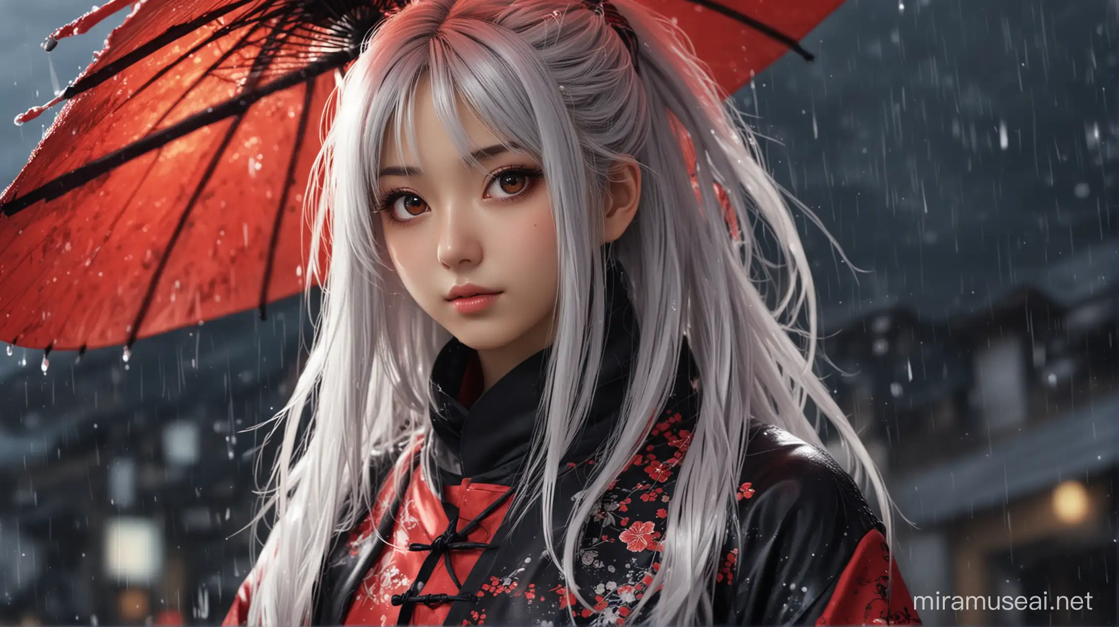 Elegant Anime Girl with Silver Hair in ChineseJapanese Attire Amidst Rainy Ambiance