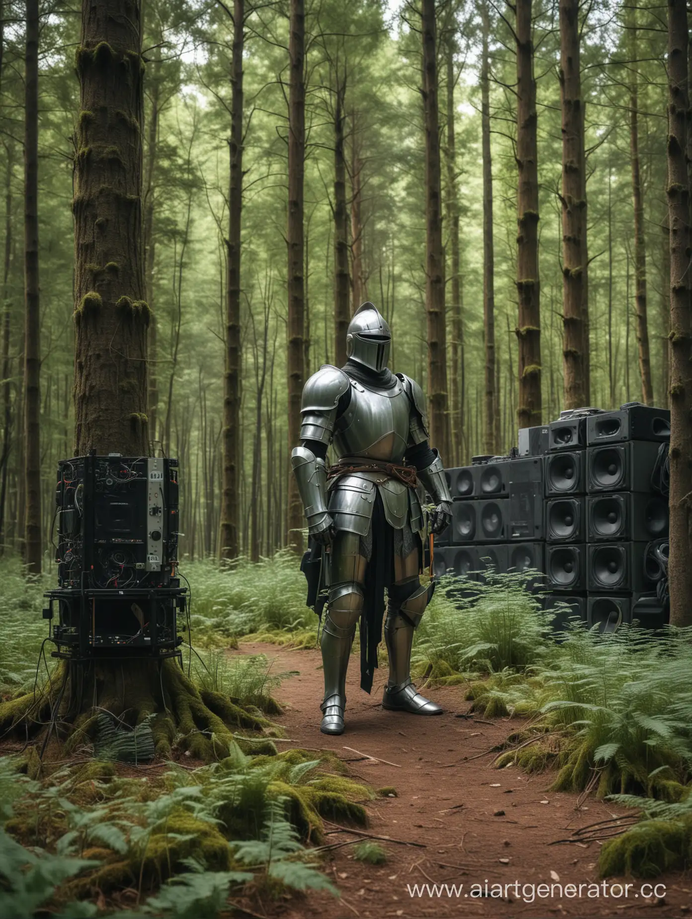 рыцарь
 в зеленом лесу ,на заднем фоне огромная аудиосистема
