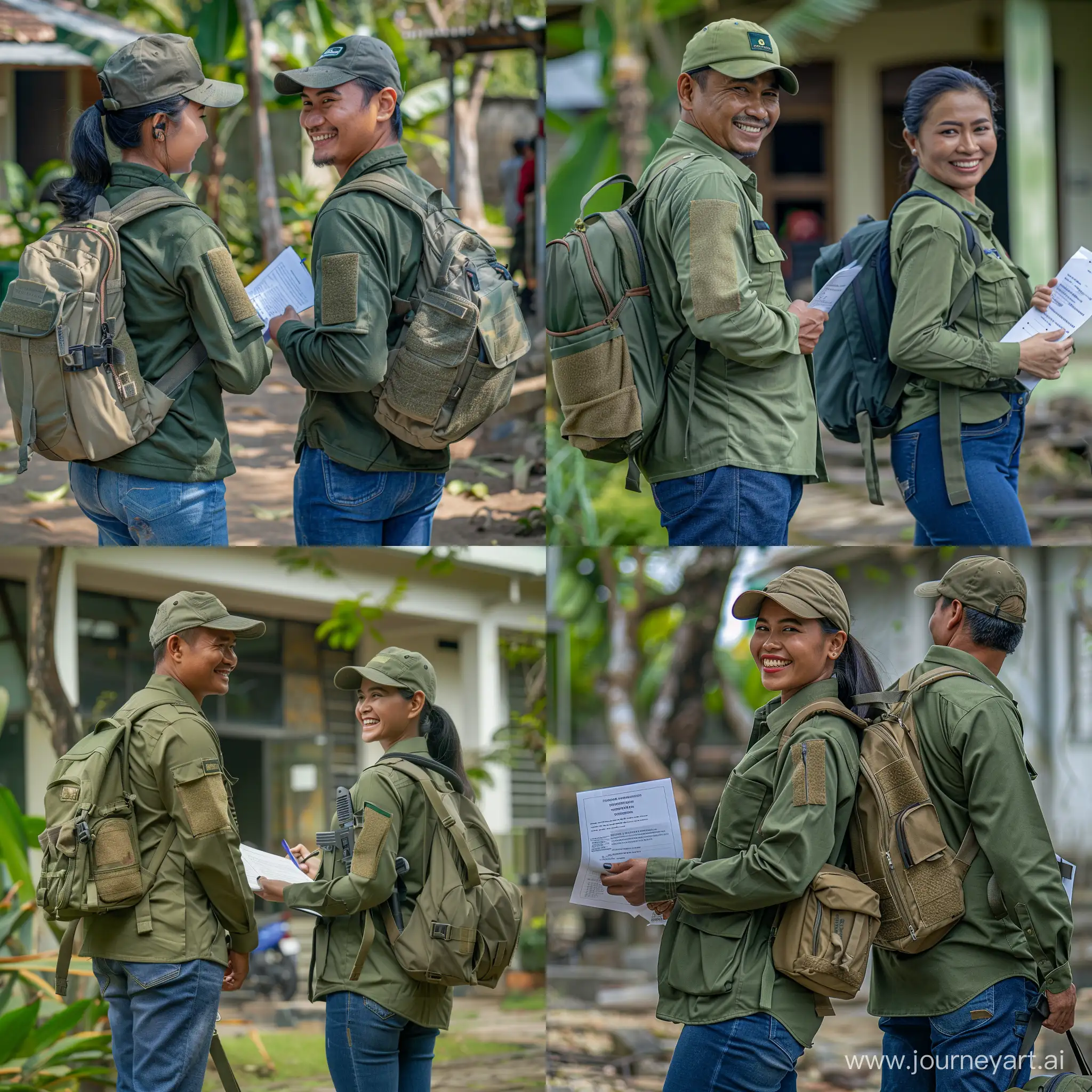 rear view full body indonesian government employee, man and woman, smile, wear green Blank office field Shirt long sleeves, tactical styles, with hat, using backpack, hold document, drill fabricated, blue levis pants, kantor kelurahan in foreground