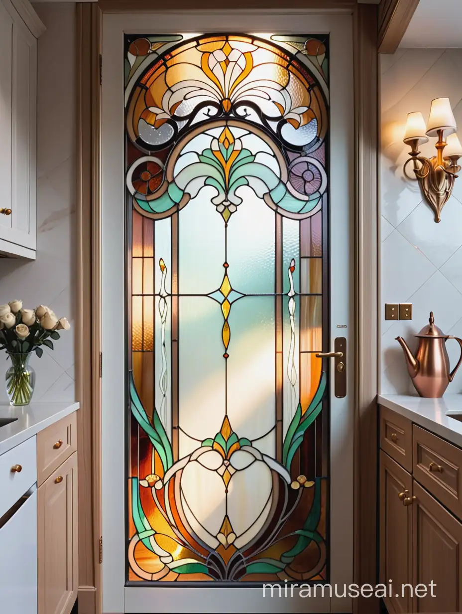 изысканная витражная дверь тиффани, в стиле ар нуво, с красивыми плавными линиями, из бежевого и белого цвета стекла, на кухне