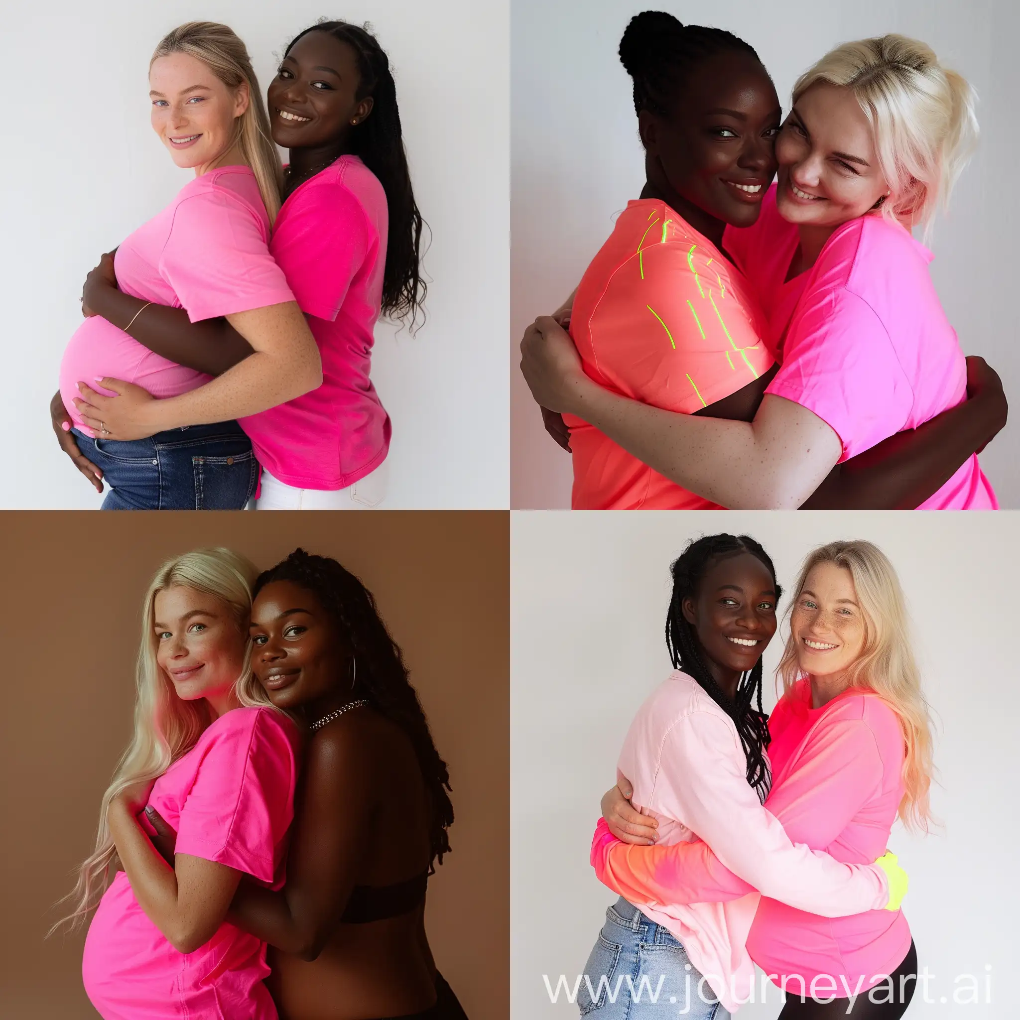 Two Lesbian 21 years sleeve short tee-shirt pink neon and weight medium and white European skin back hug and black African skin pregnant  