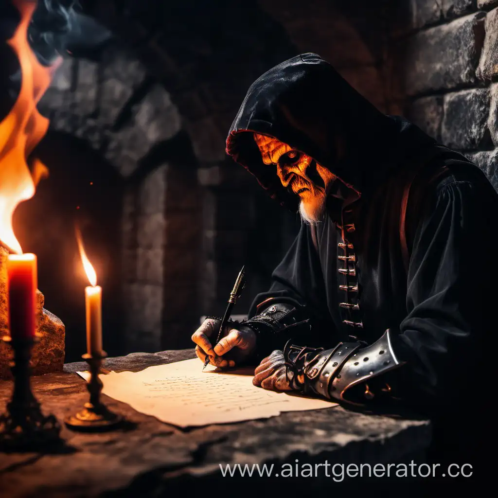 мрачный мужчина
пишет письмо огненным пером в замке
