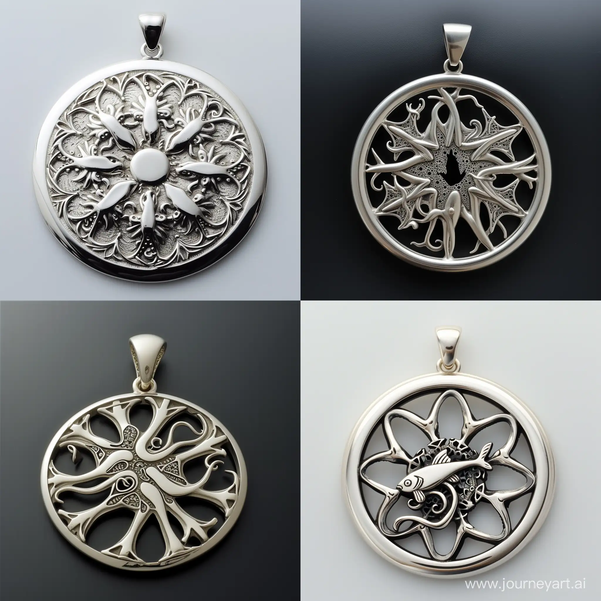 Silver pendant in the shape of a wheel,
the center of the pendant is a fractal pattern of legs, intertwined octopus tentacles and a fish silhouette