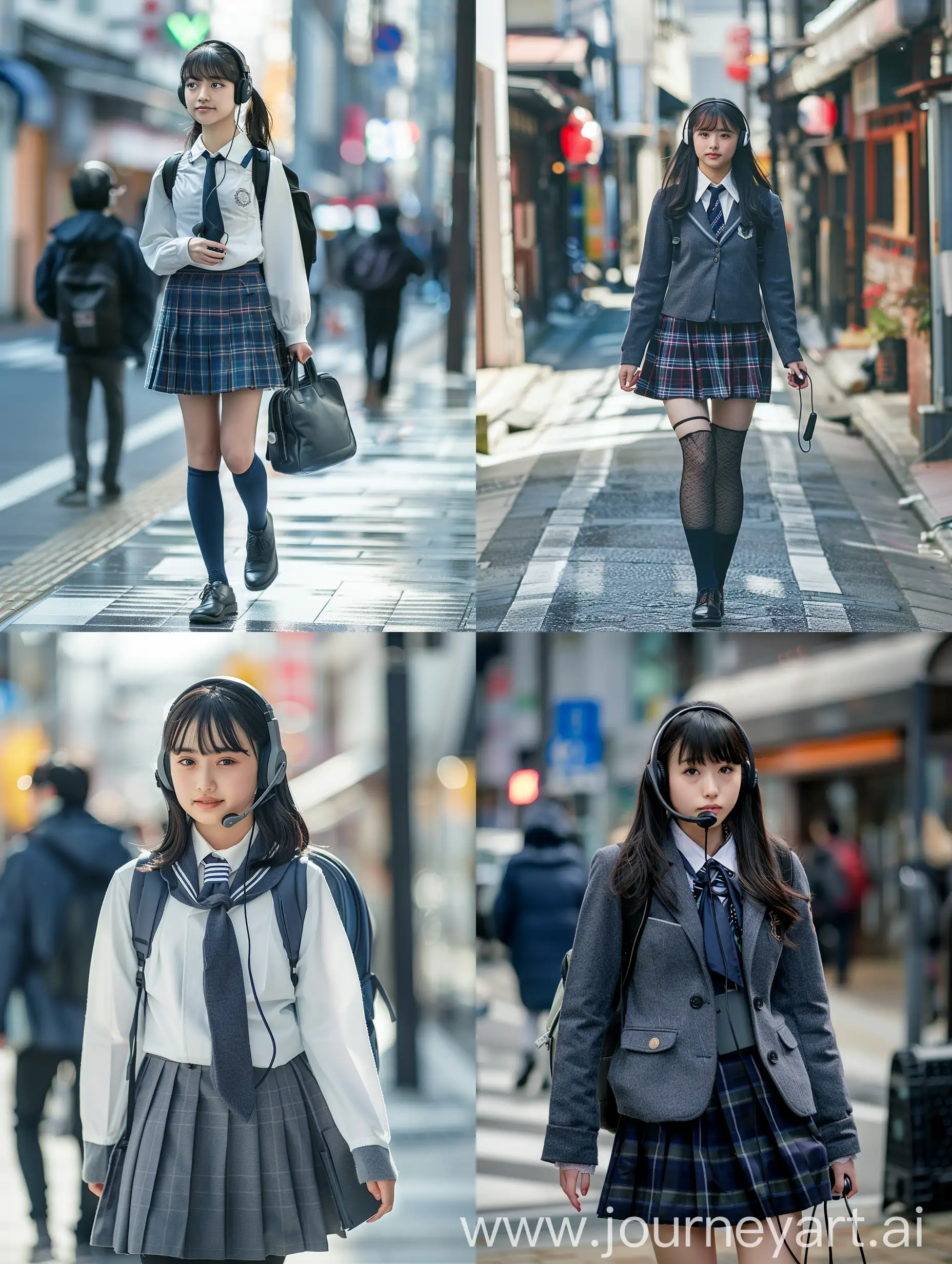 A japanese cute and beauty girl wear school uniform walk with headset in tokyo city