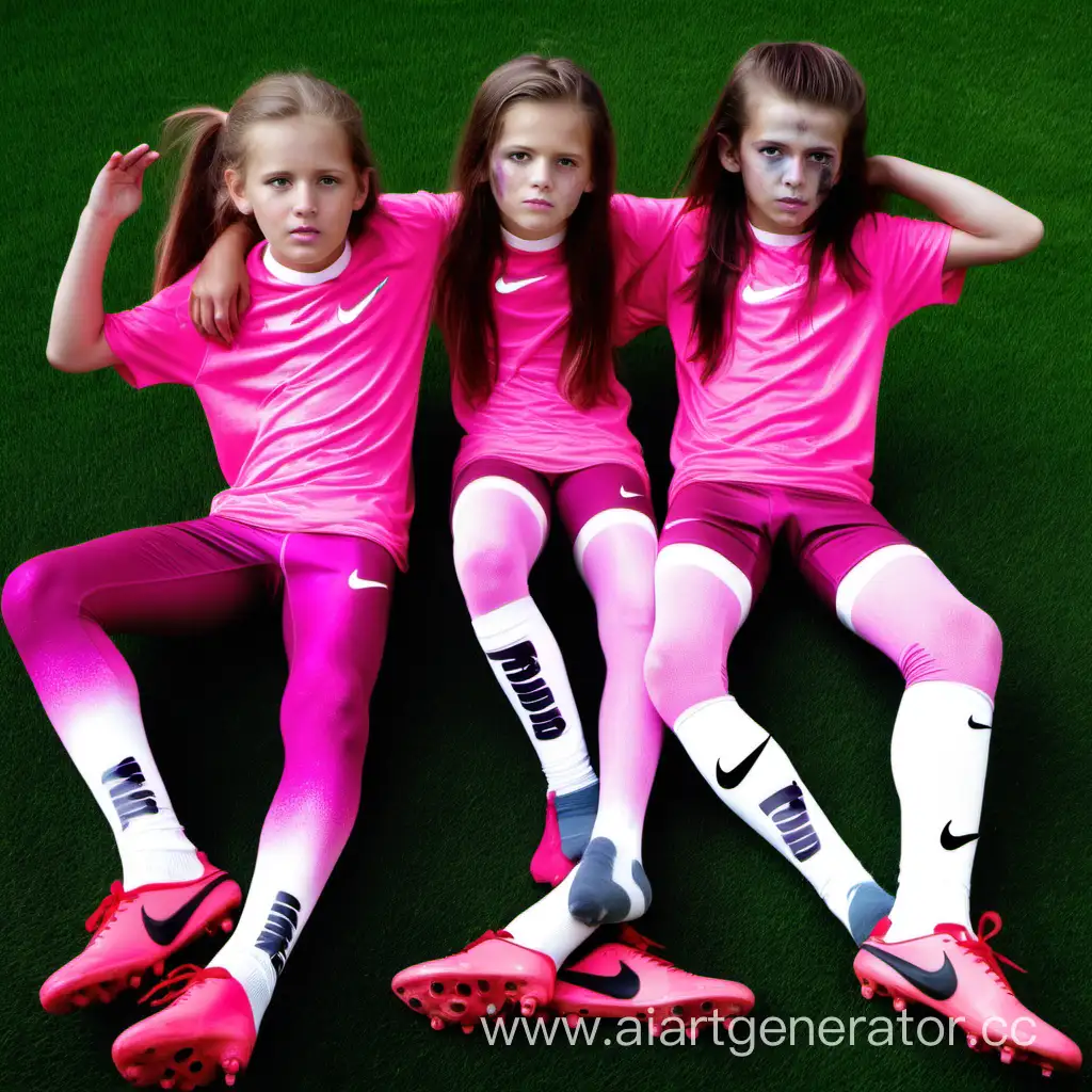 3 long haired soccer boys sitting on grass wearing pink shiny leggings and showing nike banner wearing muddy white soccer socks soles front view stretching legs