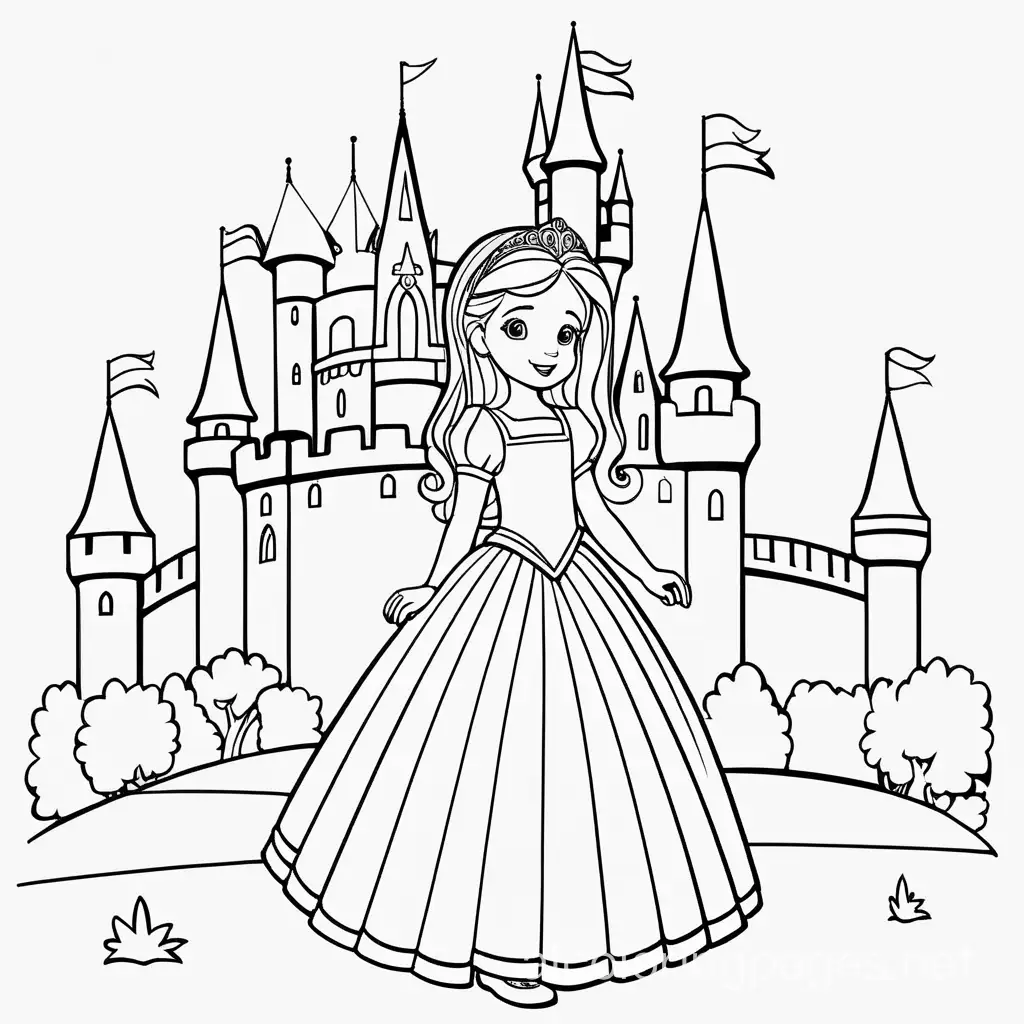 Girl princess dress detail and background castle, Coloring Page, black and white, line art, white background, Simplicity, Ample White Space. The background of the coloring page is plain white to make it easy for young children to color within the lines. The outlines of all the subjects are easy to distinguish, making it simple for kids to color without too much difficulty, Coloring Page, black and white, line art, white background, Simplicity, Ample White Space. The background of the coloring page is plain white to make it easy for young children to color within the lines. The outlines of all the subjects are easy to distinguish, making it simple for kids to color without too much difficulty.