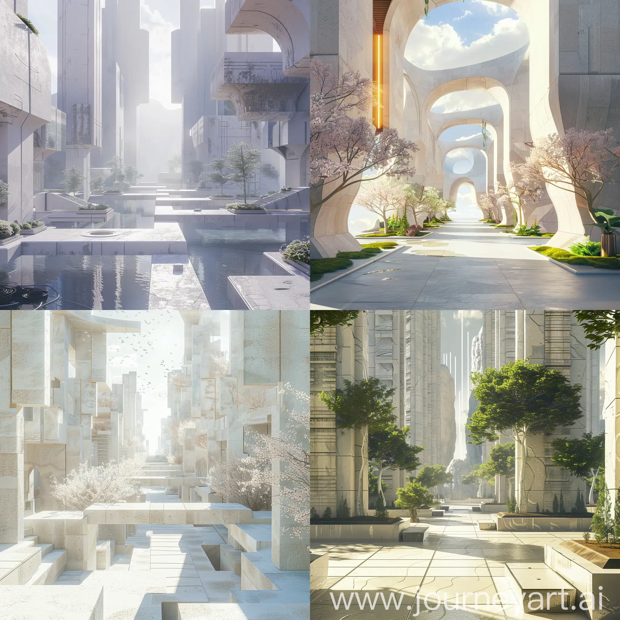 beautiful endless utopian cityscape, clean, futuristic travertine architecture, chaotic architecture, spring, bright