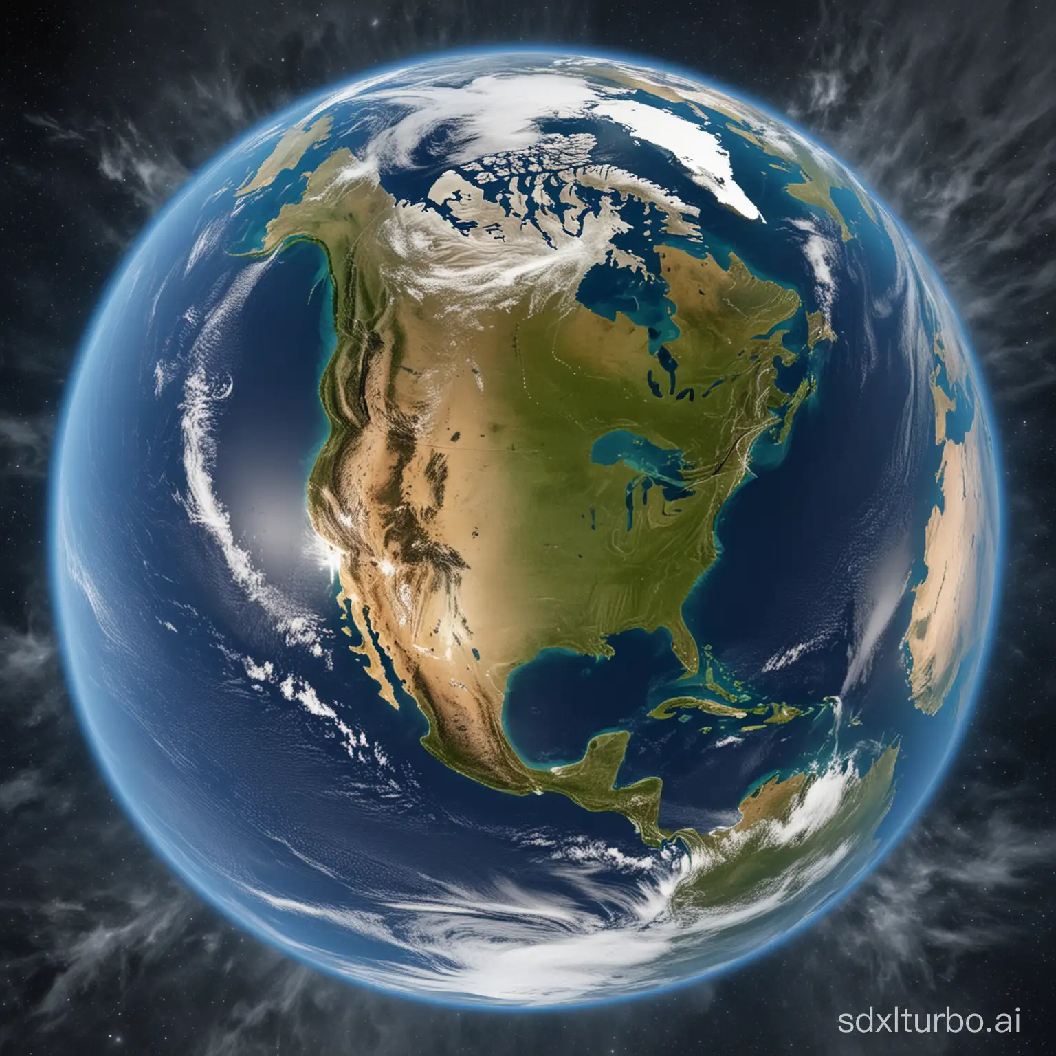 The Earth full globe satellite photo view with North America lined up in the exact centre of the shot, the shot would be taken in Earths mid summer accurate satellite imaging with icy polar regions Extremely photo realistic high resolution imaging.