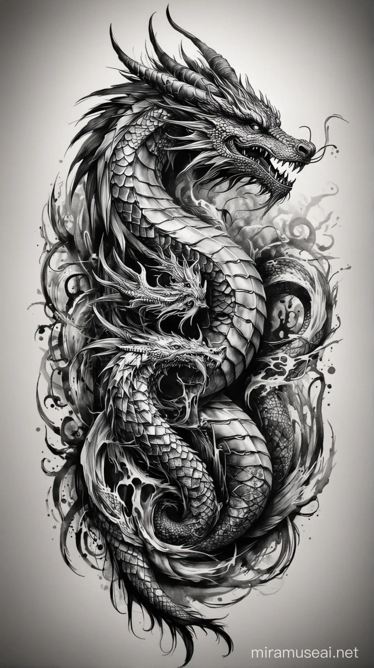 Mystical Dragon Tattoo in Monochrome Aesthetic