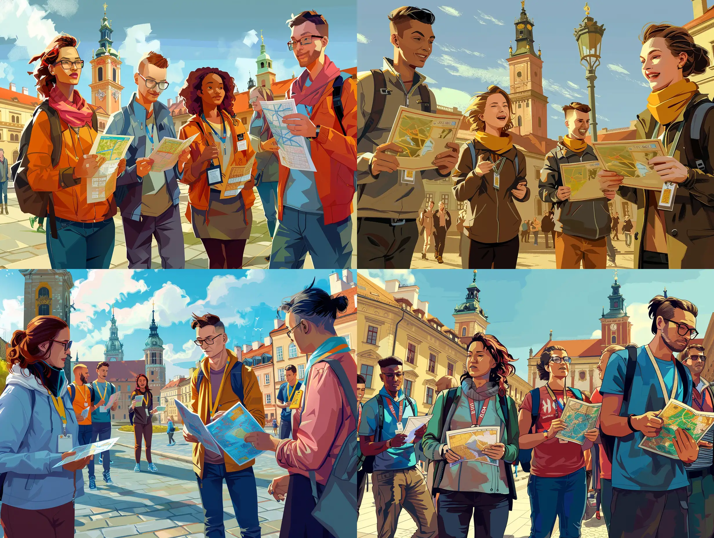 "Create an image that showcases a diverse group of people engaging in a city-wide treasure hunt in the historic and vibrant streets of Warsaw. The image should capture the excitement and teamwork of an urban game, with participants holding maps and interacting with landmarks. Include elements that suggest a corporate team-building event, such as matching team scarves or badges. The setting should be during the day with clear weather, and the architecture should reflect the unique character of Warsaw. The composition should convey a sense of adventure, collaboration, and discovery.