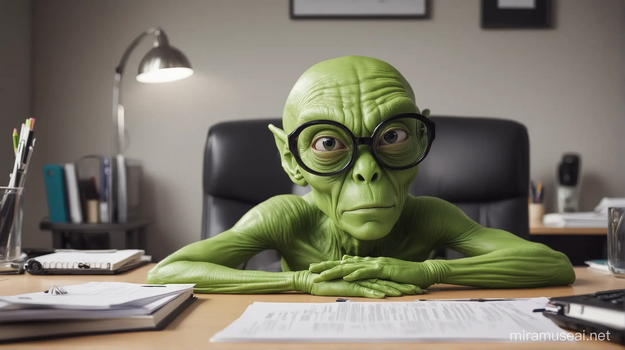 Green alien who a bit like your typical glasses-wearing creative director lying down 
in an office