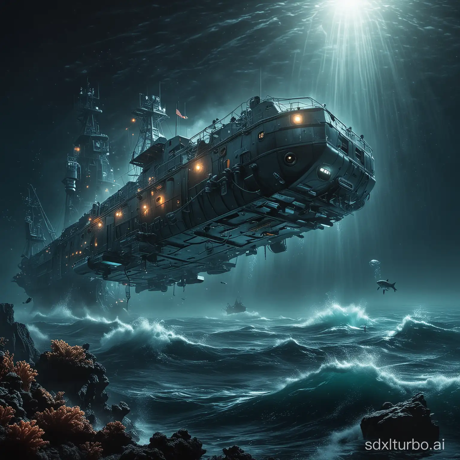 一个科幻的深海探险宣传图