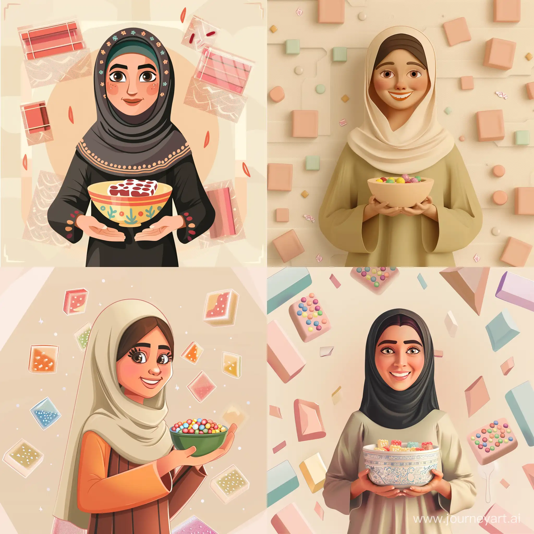 A cute Yemeni mother holds a toffee bowl and is very happy. The background is light beige, rectangular candy, and 3D pattern.