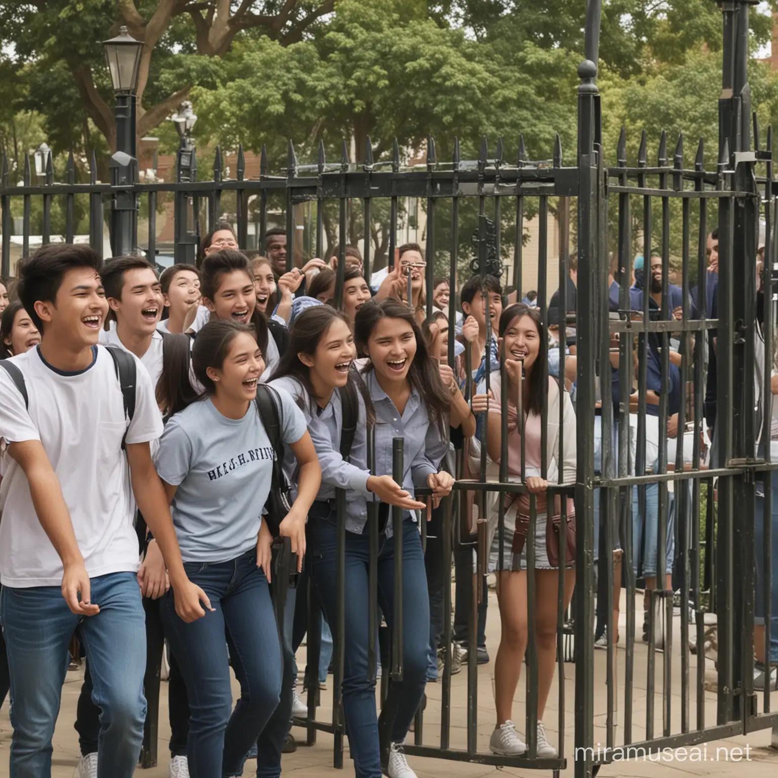 Cheerful College Students Entering Campus Gates