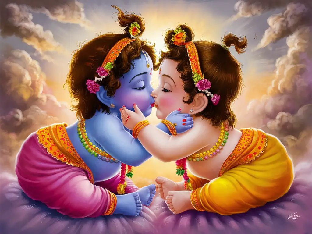 Very Cute and romantic image of Lord Krishna and Radha in the form of very tiny miniature babies, kissing each other on lips, 8k, vivid colours