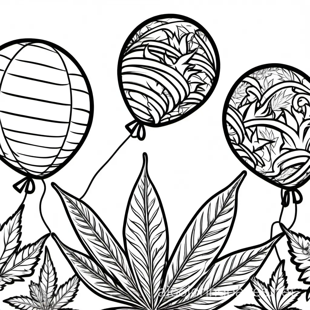 marijuana shaped birthday balloons, Coloring Page, black and white, line art, white background, Simplicity, Ample White Space. The background of the coloring page is plain white to make it easy for young children to color within the lines. The outlines of all the subjects are easy to distinguish, making it simple for kids to color without too much difficulty
