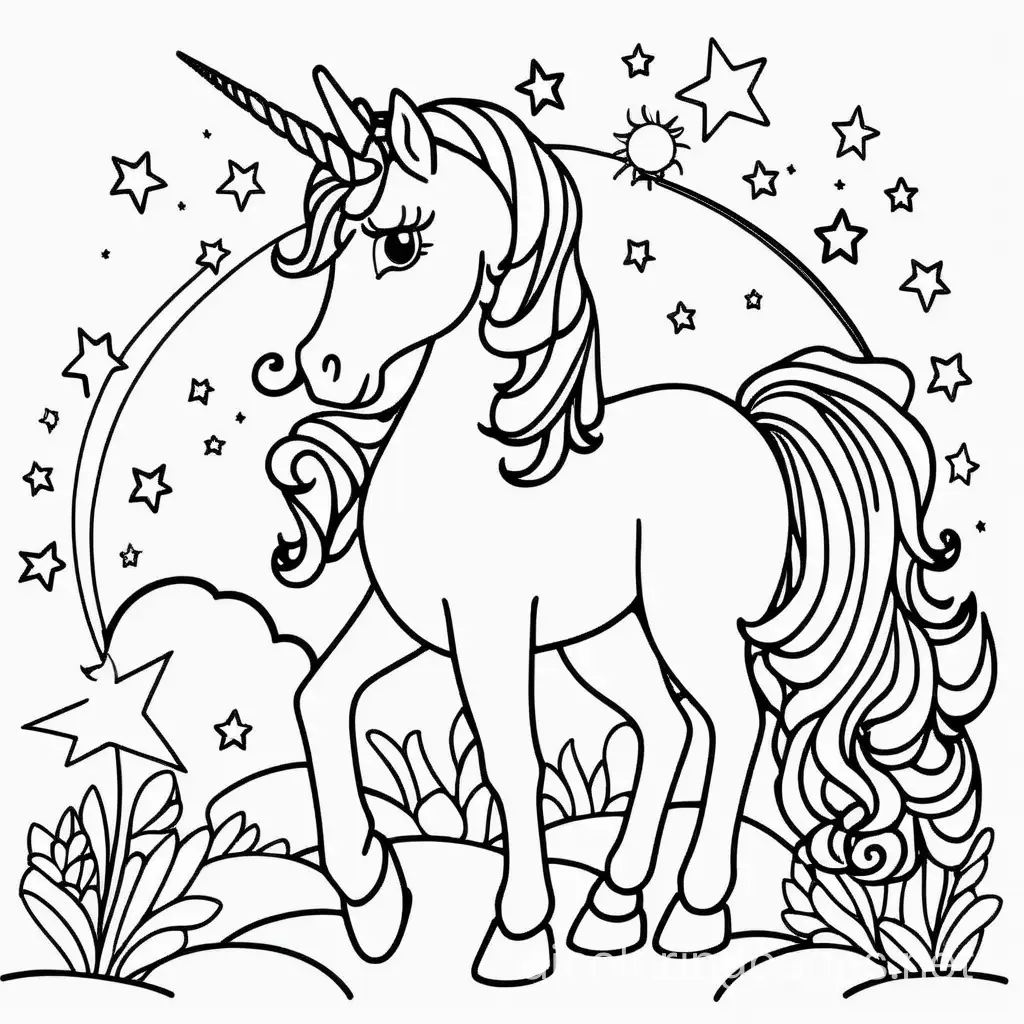 Starlight unicorn, Coloring Page, black and white, line art, white background, Simplicity, Ample White Space. The background of the coloring page is plain white to make it easy for young children to color within the lines. The outlines of all the subjects are easy to distinguish, making it simple for kids to color without too much difficulty