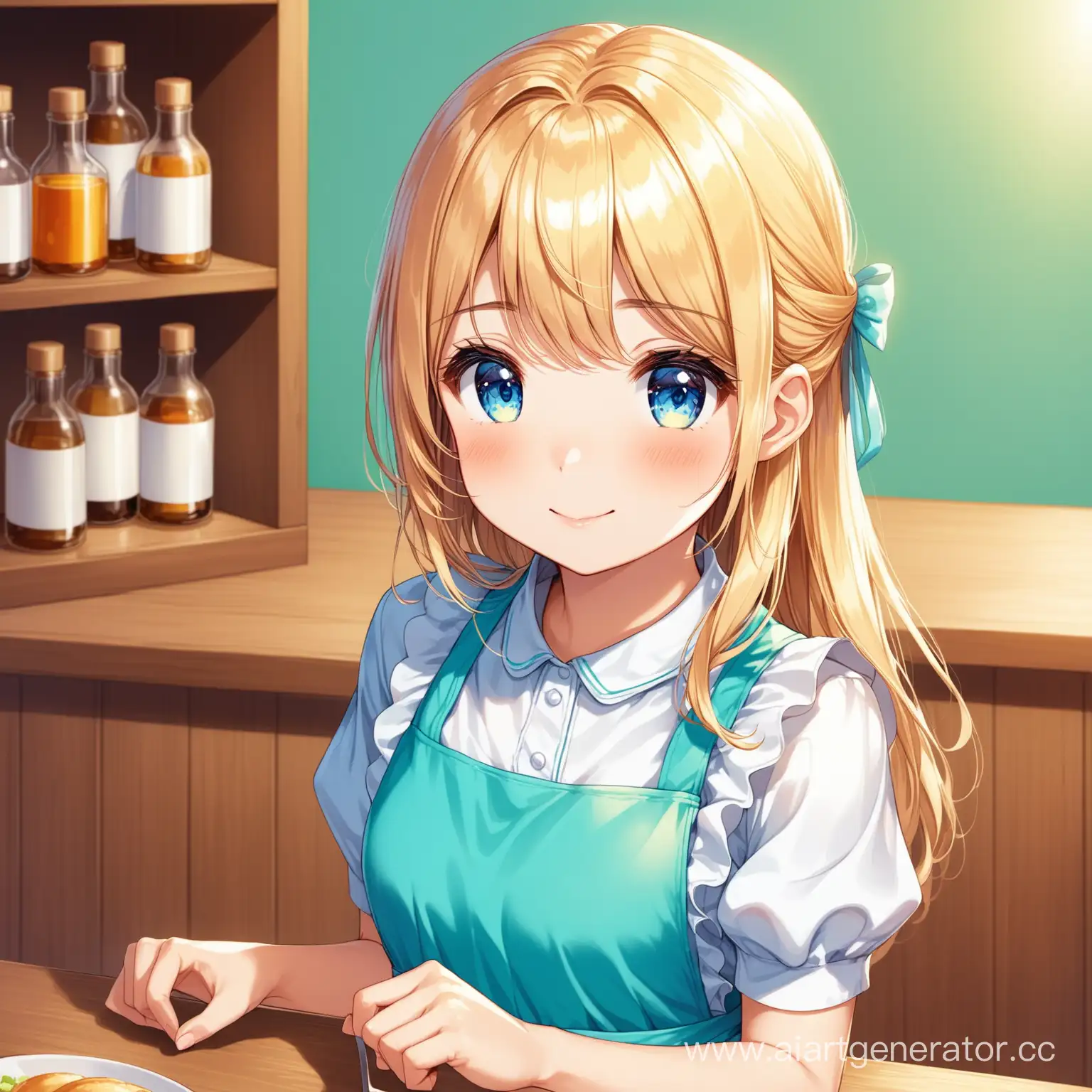 Kind-FairHaired-Girl-in-Apron-and-Blue-Dress