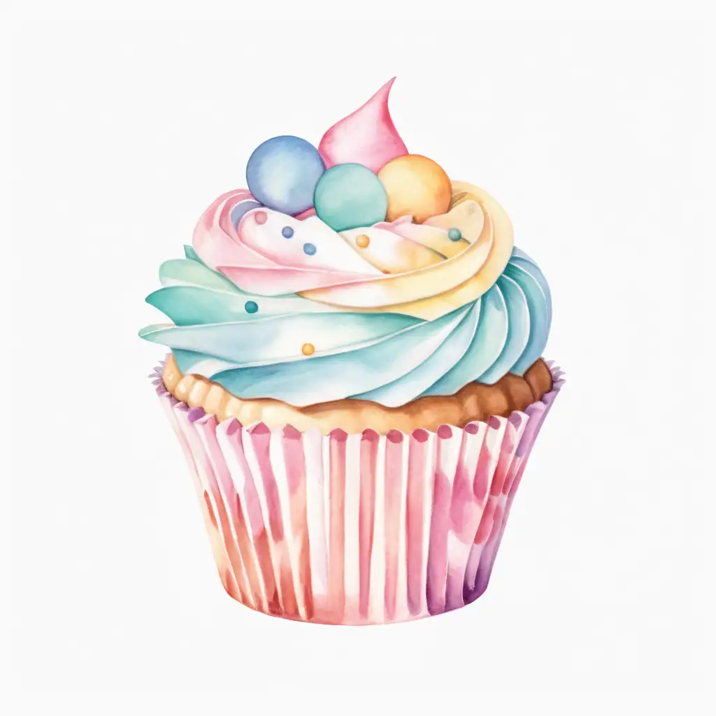 Watercolor styled, single, pastel colored cupcake with circles, with no background