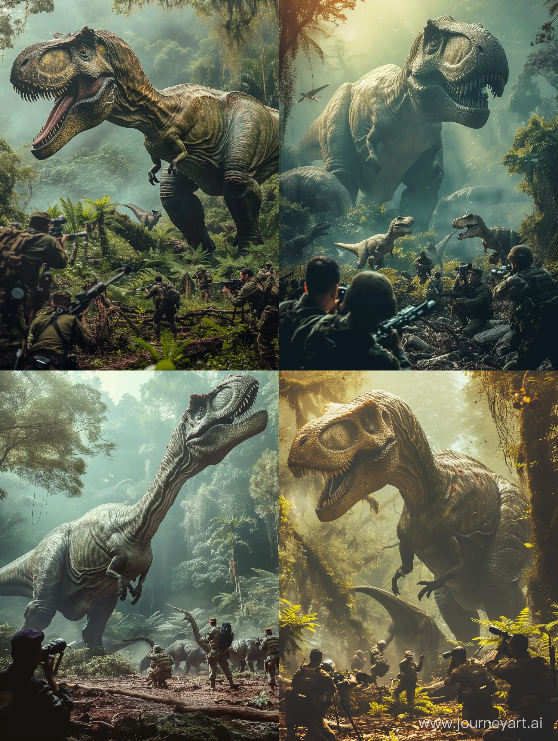 Orang Indonesia memotret dinosaurus sangat besar di hutan realistis hd 8k estetik keren di temani tentara Indonesia yang beraksi ingin menembak dinosaurus yang banyak