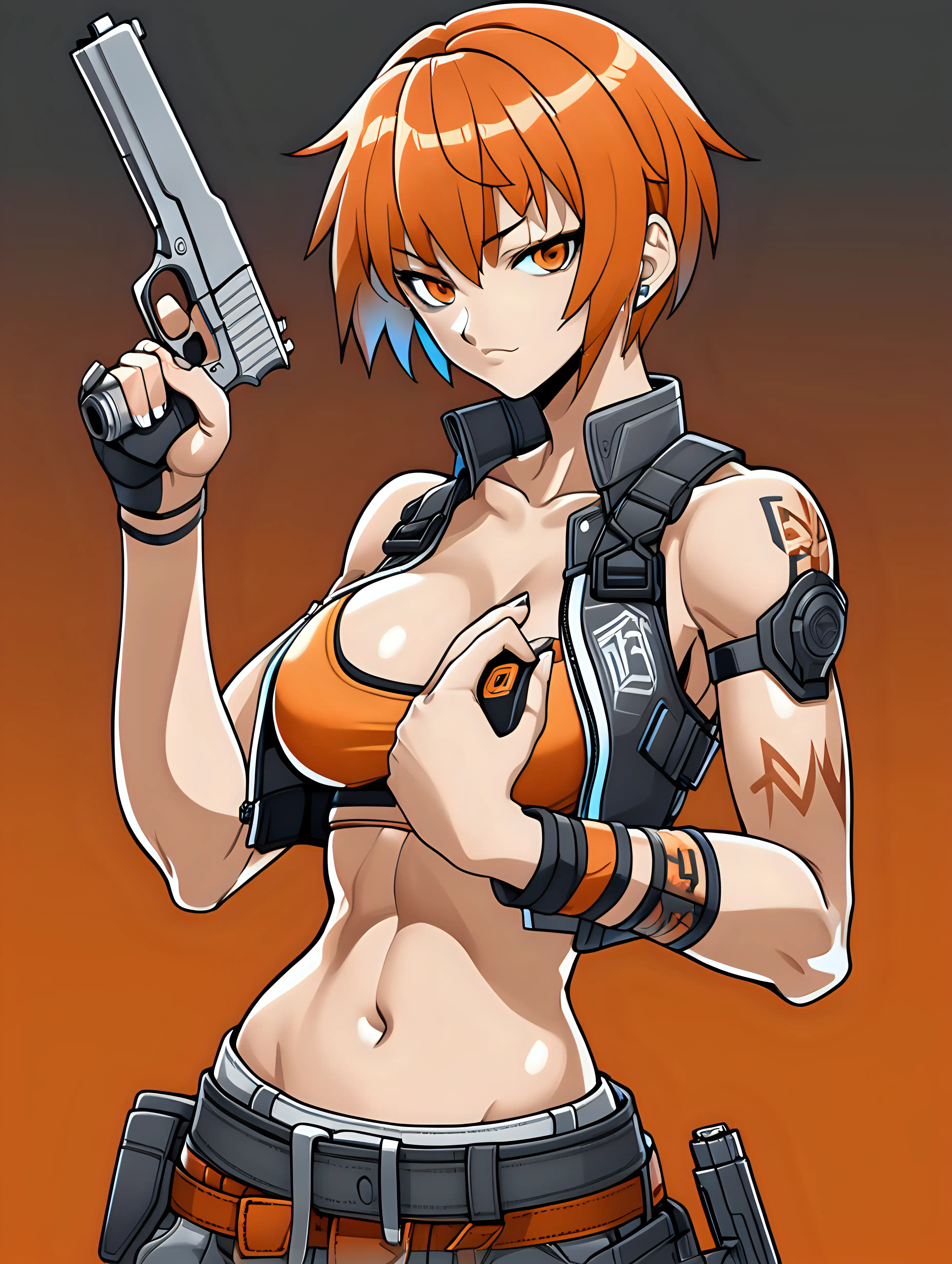 anime cyberpunk woman, tight bra top, exposed muscular midriff, mischievous expression, intimidating, tomboy, short hair, standing tall, holding handgun, dynamic pose, shadow aura, orange theme, partially armored, shonen style